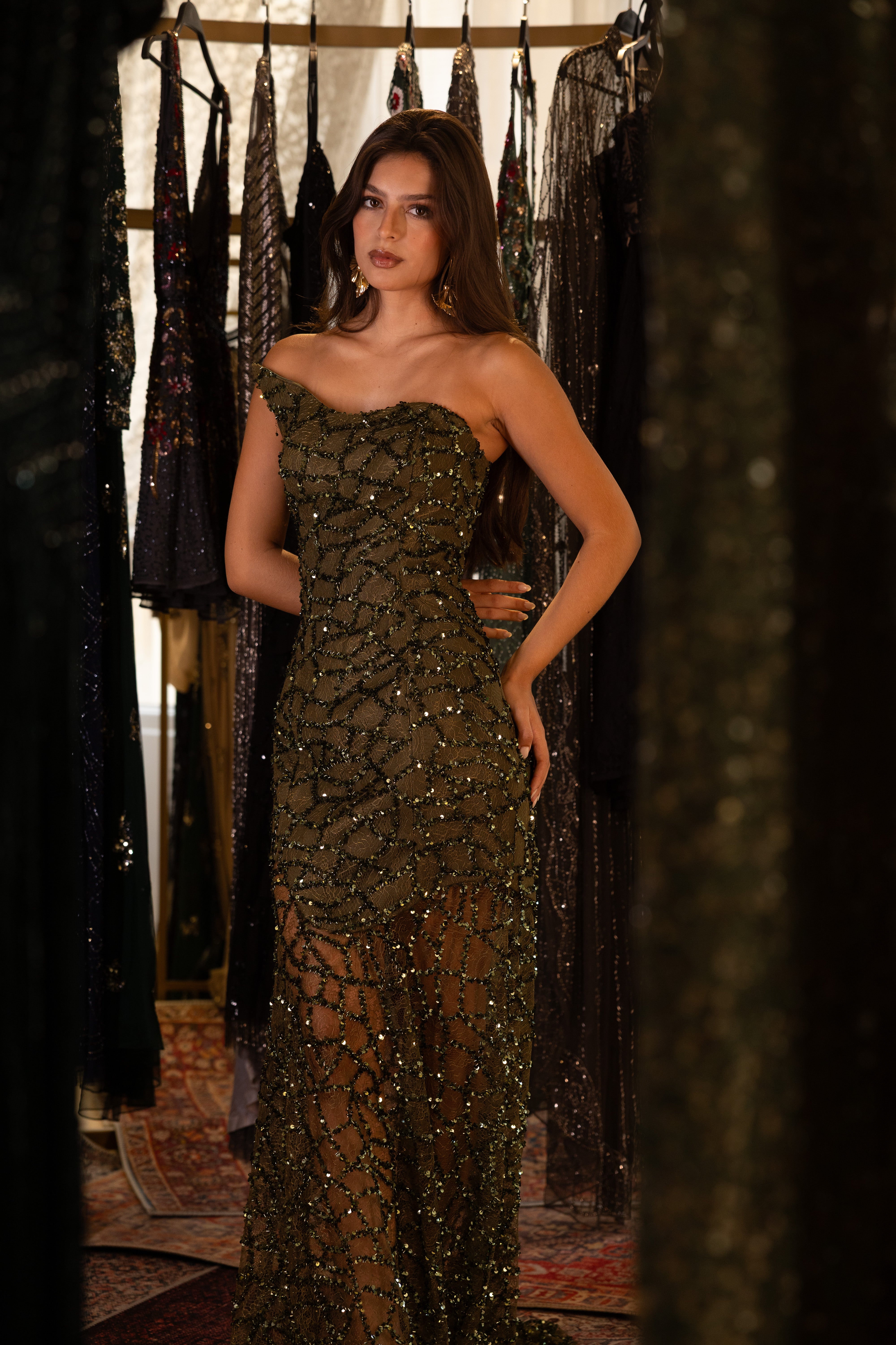 Strapless Payette Long Dress In Olive