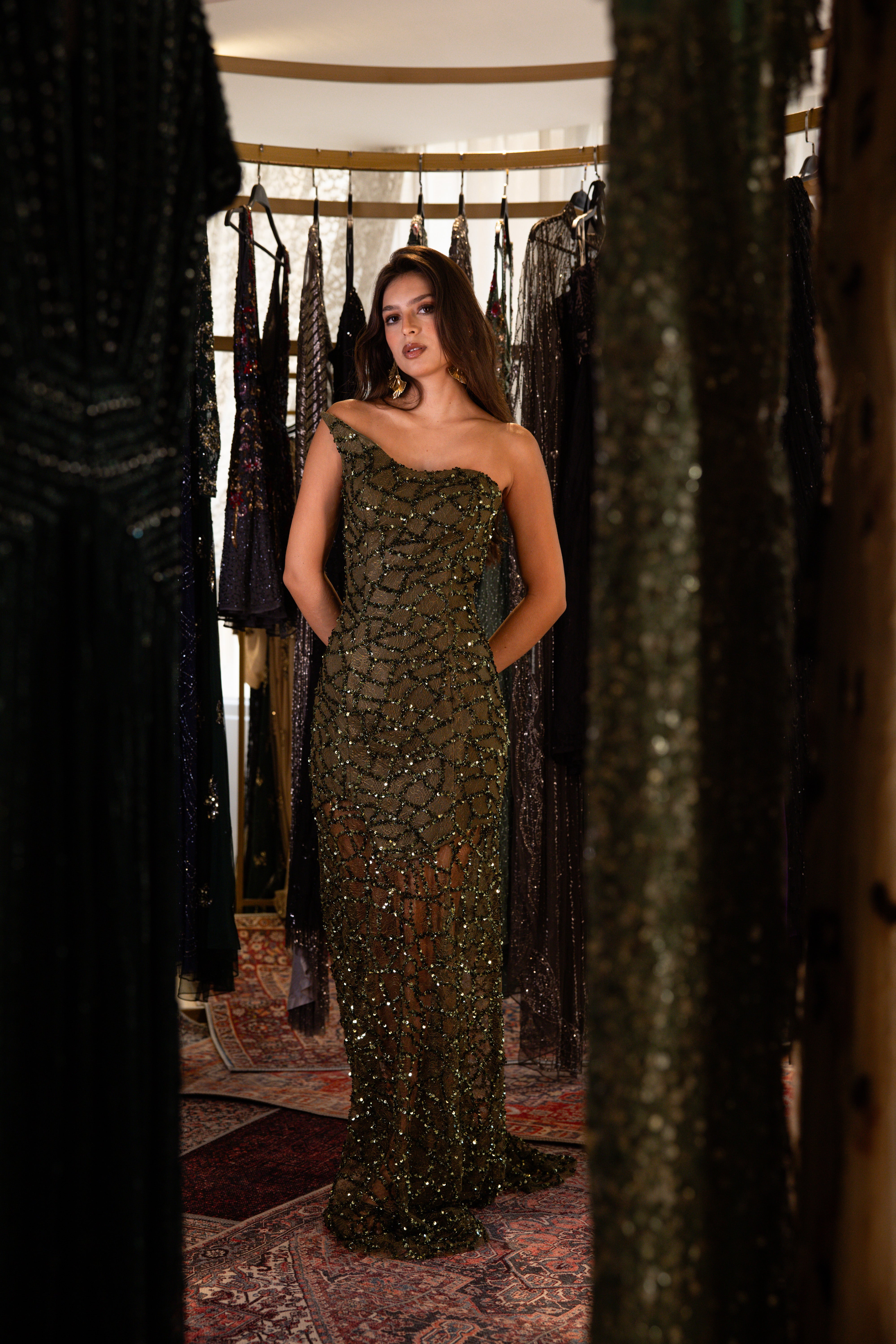 Strapless Payette Long Dress In Olive