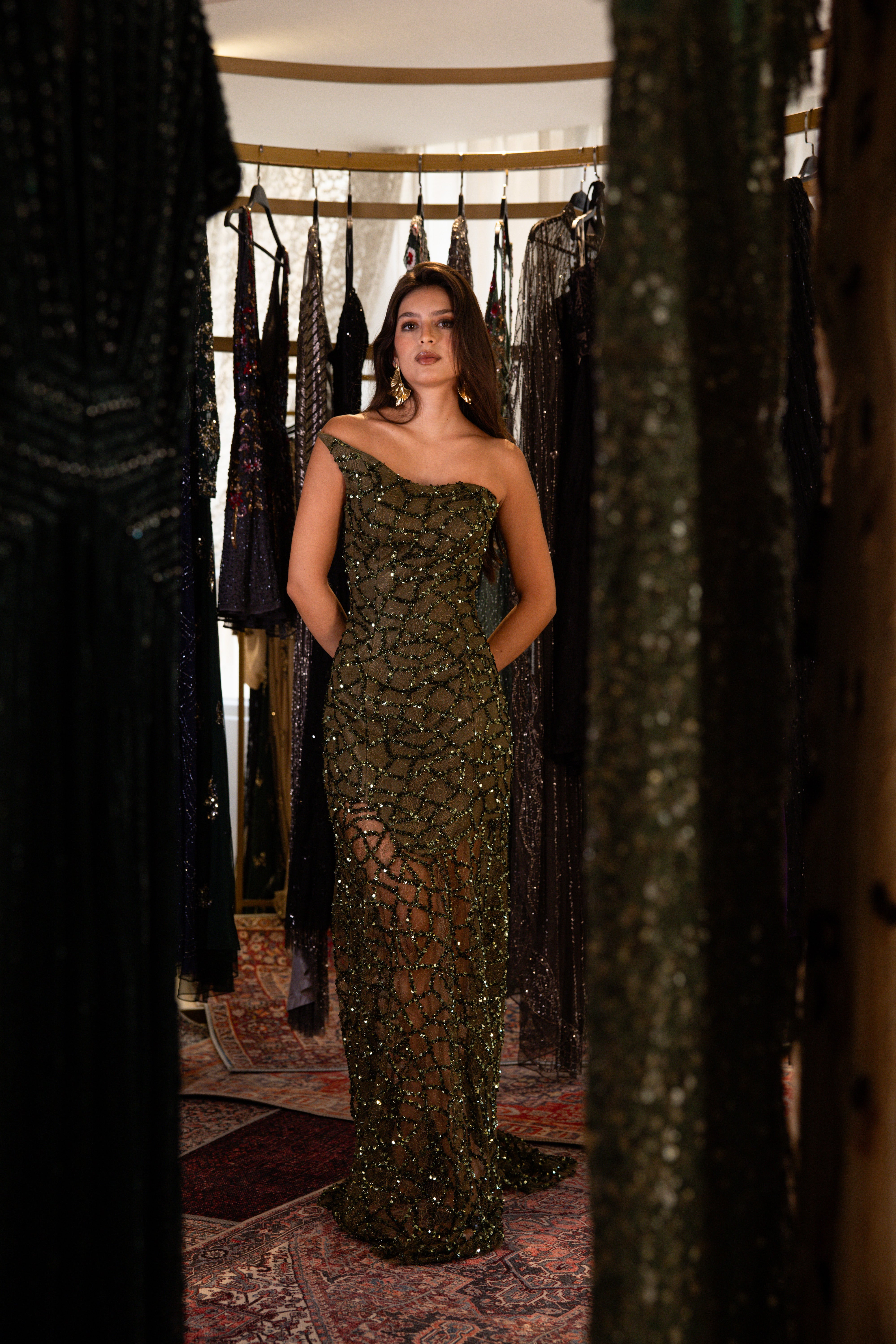 Strapless Payette Long Dress In Olive