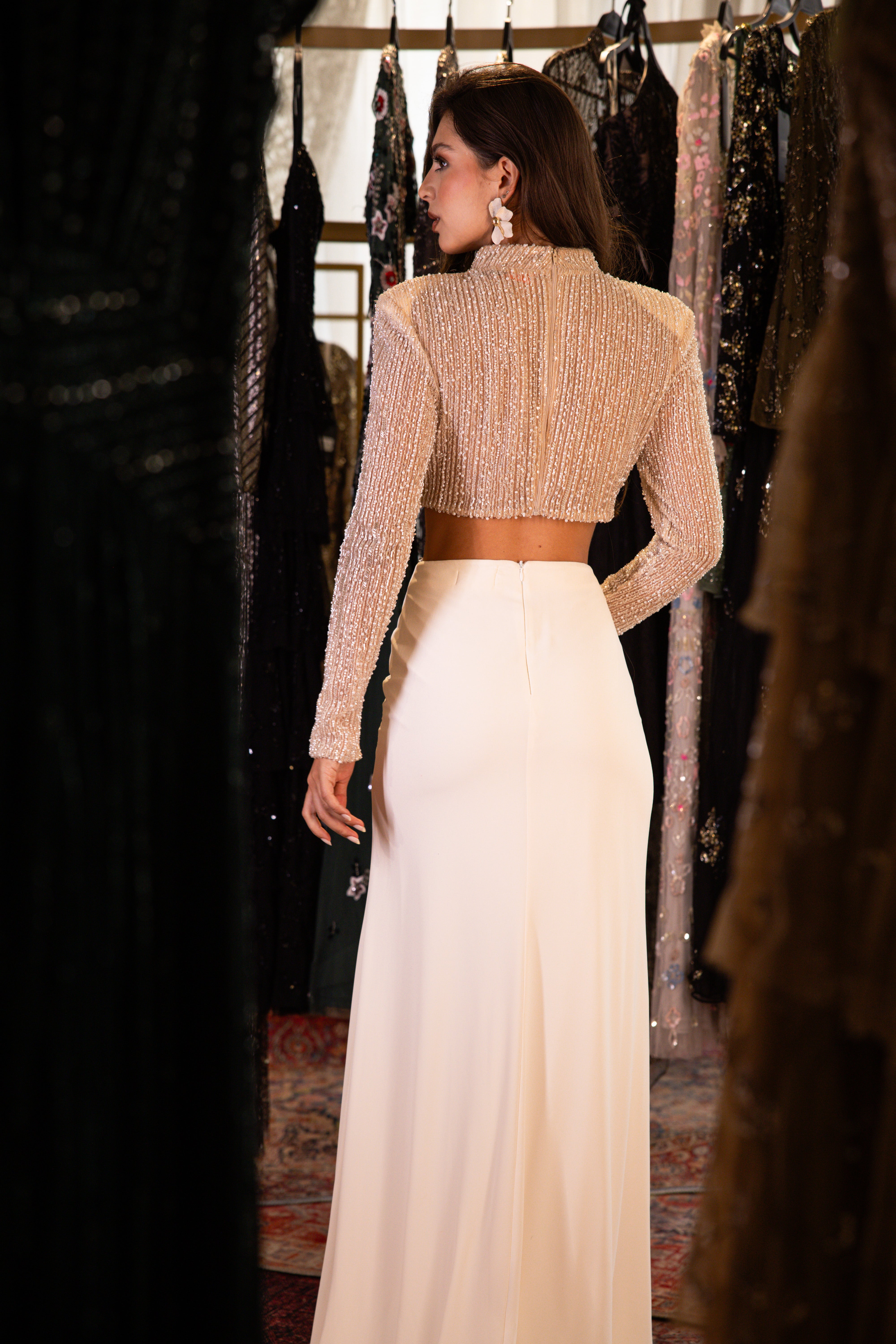 Beaded Long Sleeve Set In Creme