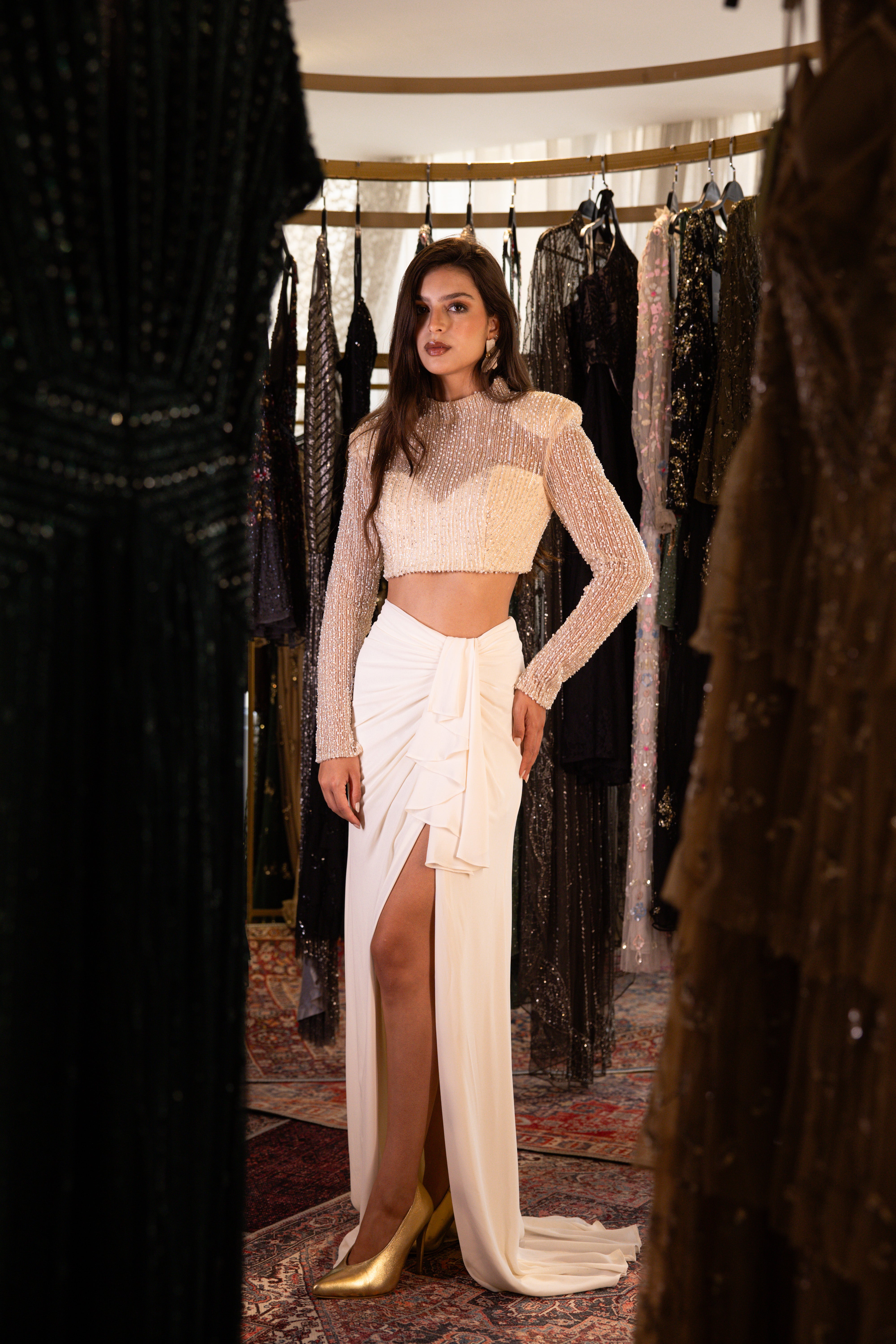 Beaded Long Sleeve Set In Creme