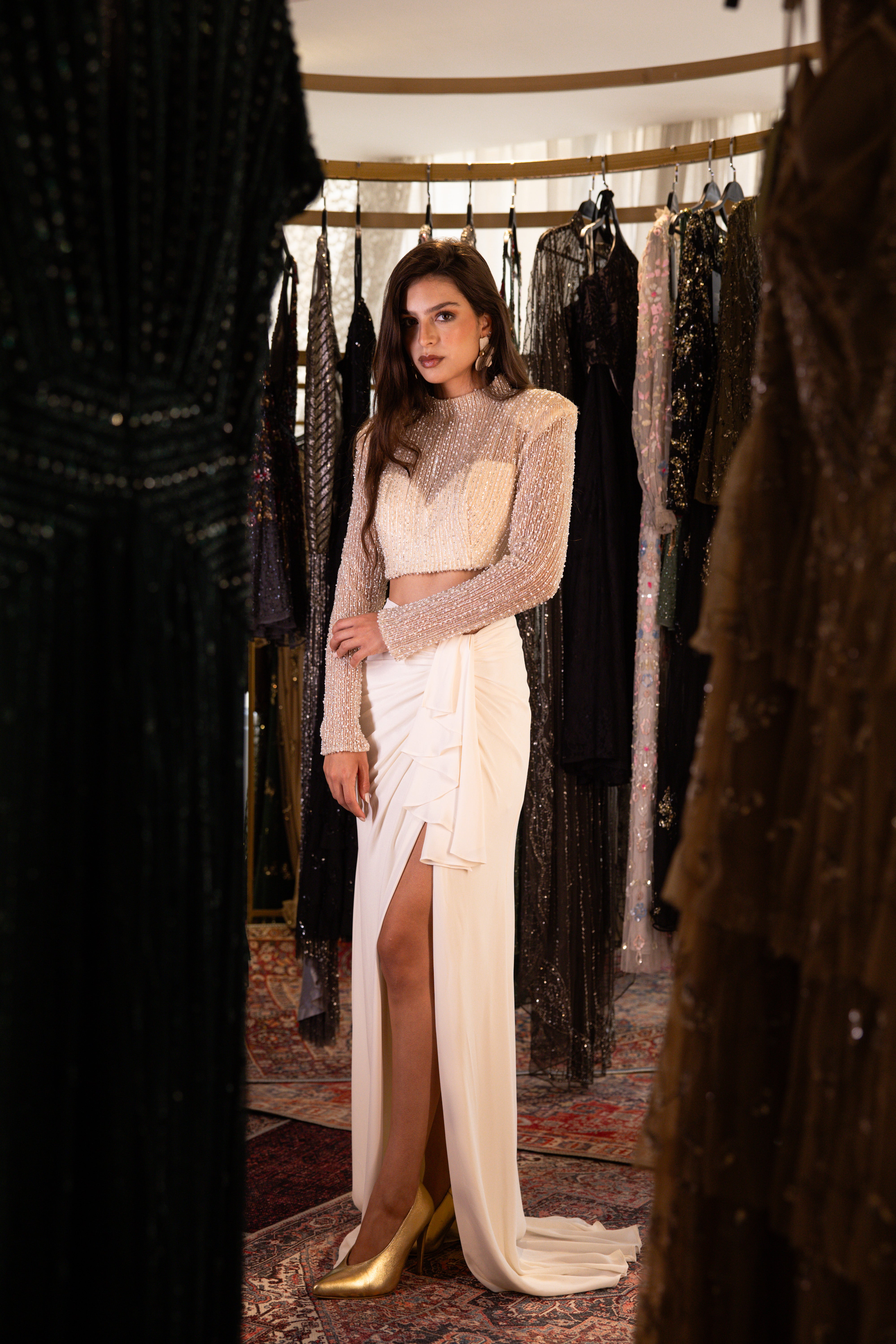 Beaded Long Sleeve Set In Creme