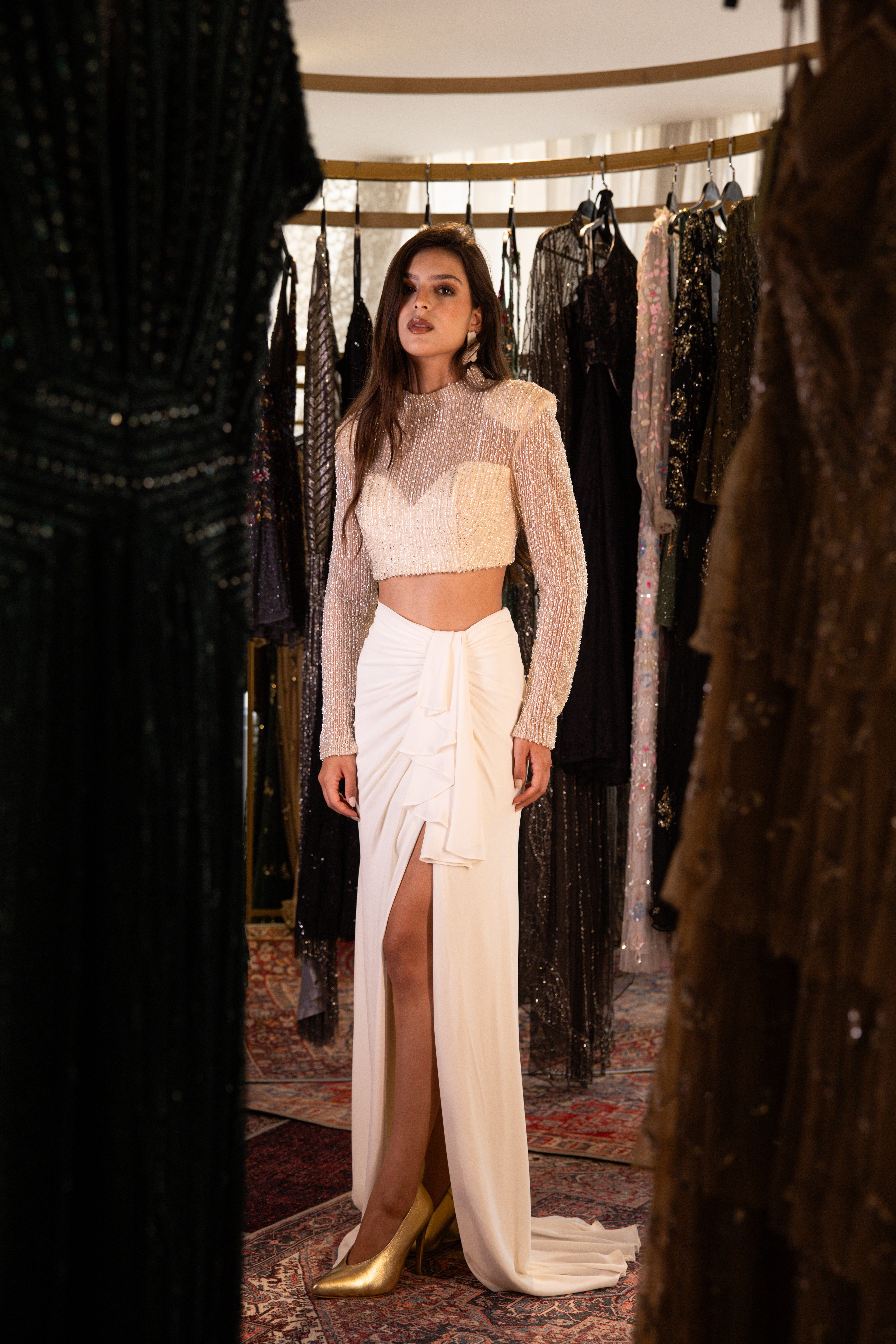 Beaded Long Sleeve Set In Creme