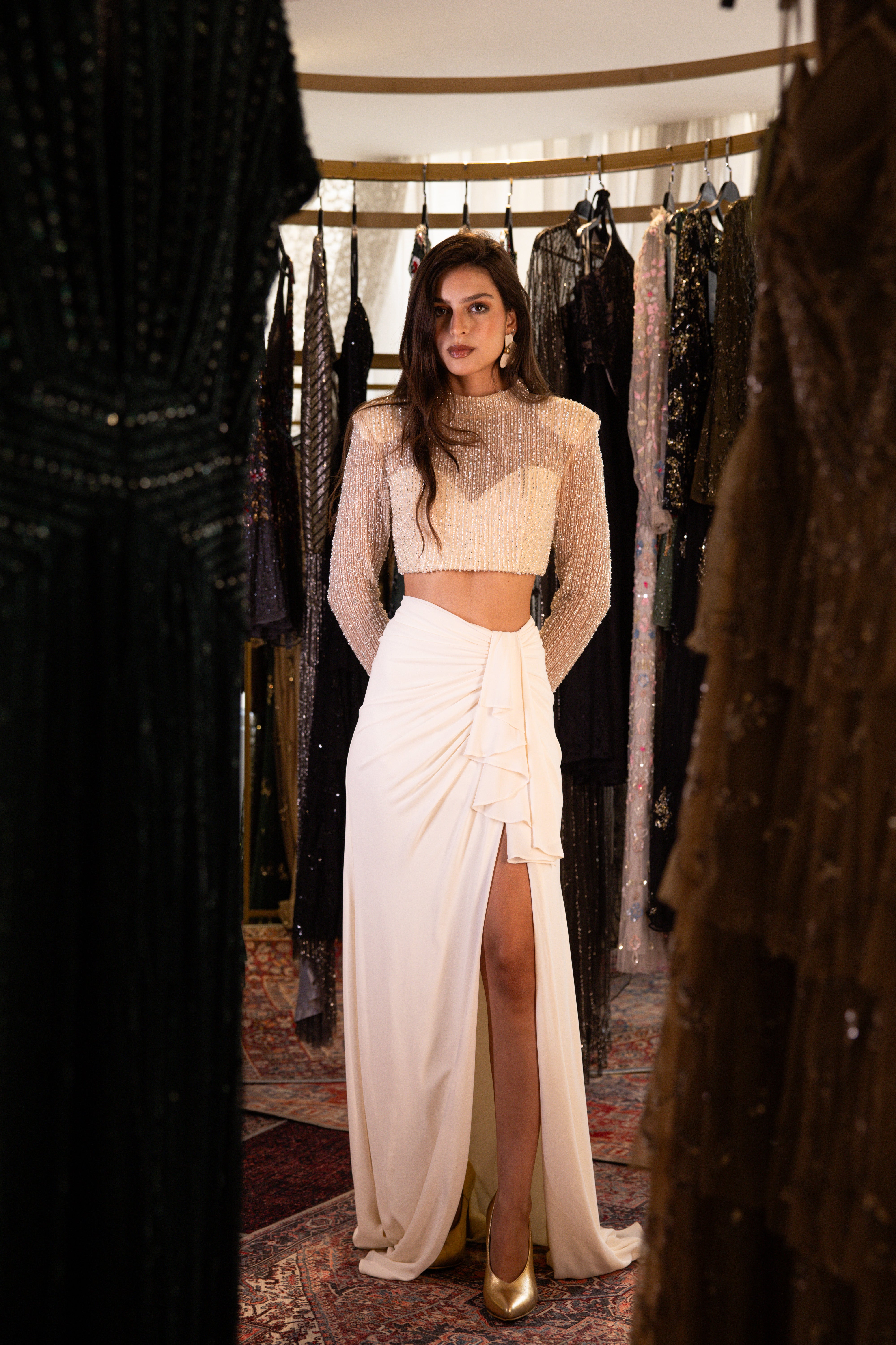 Beaded Long Sleeve Set In Creme
