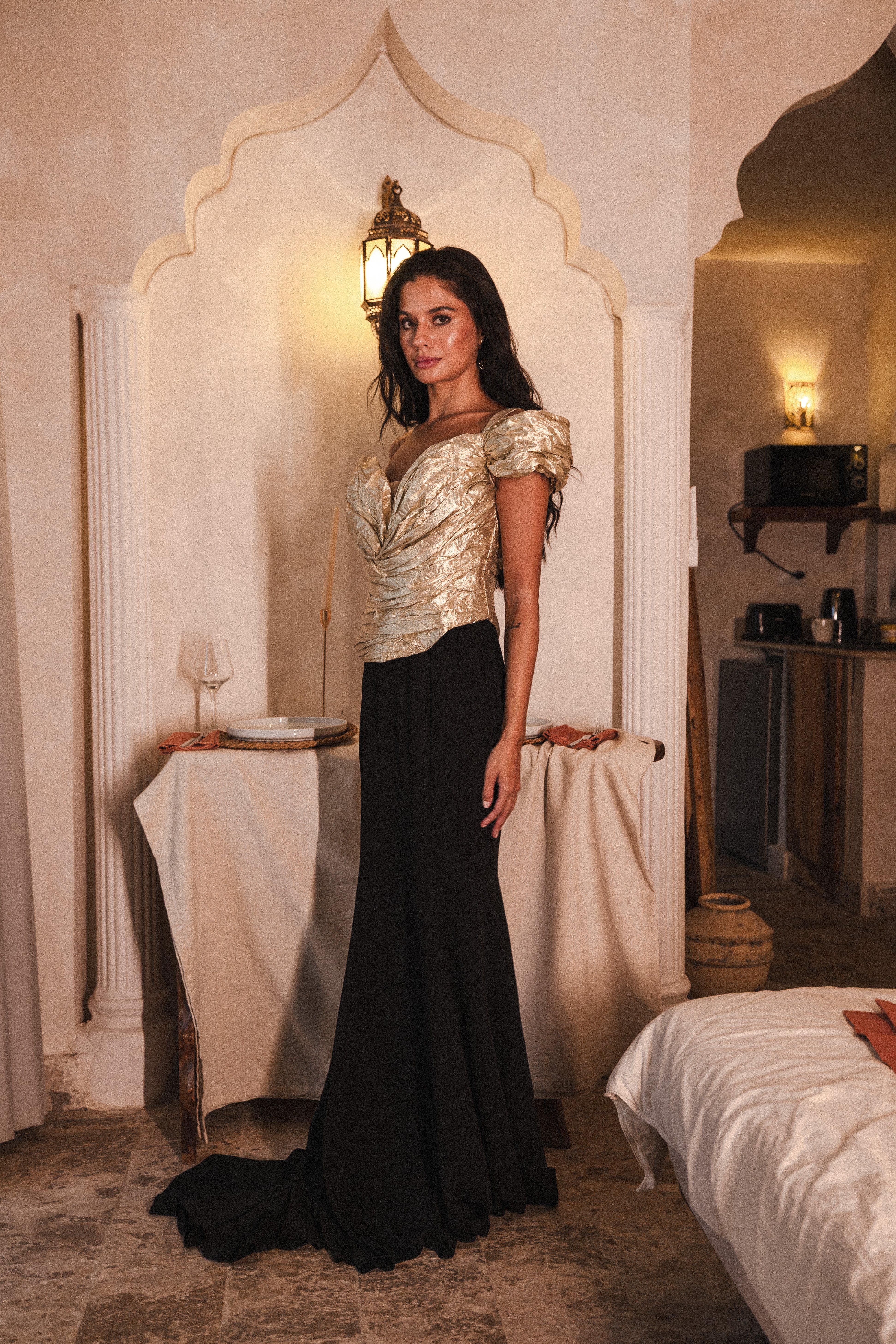 One Shoulder With Gold Corset In Black