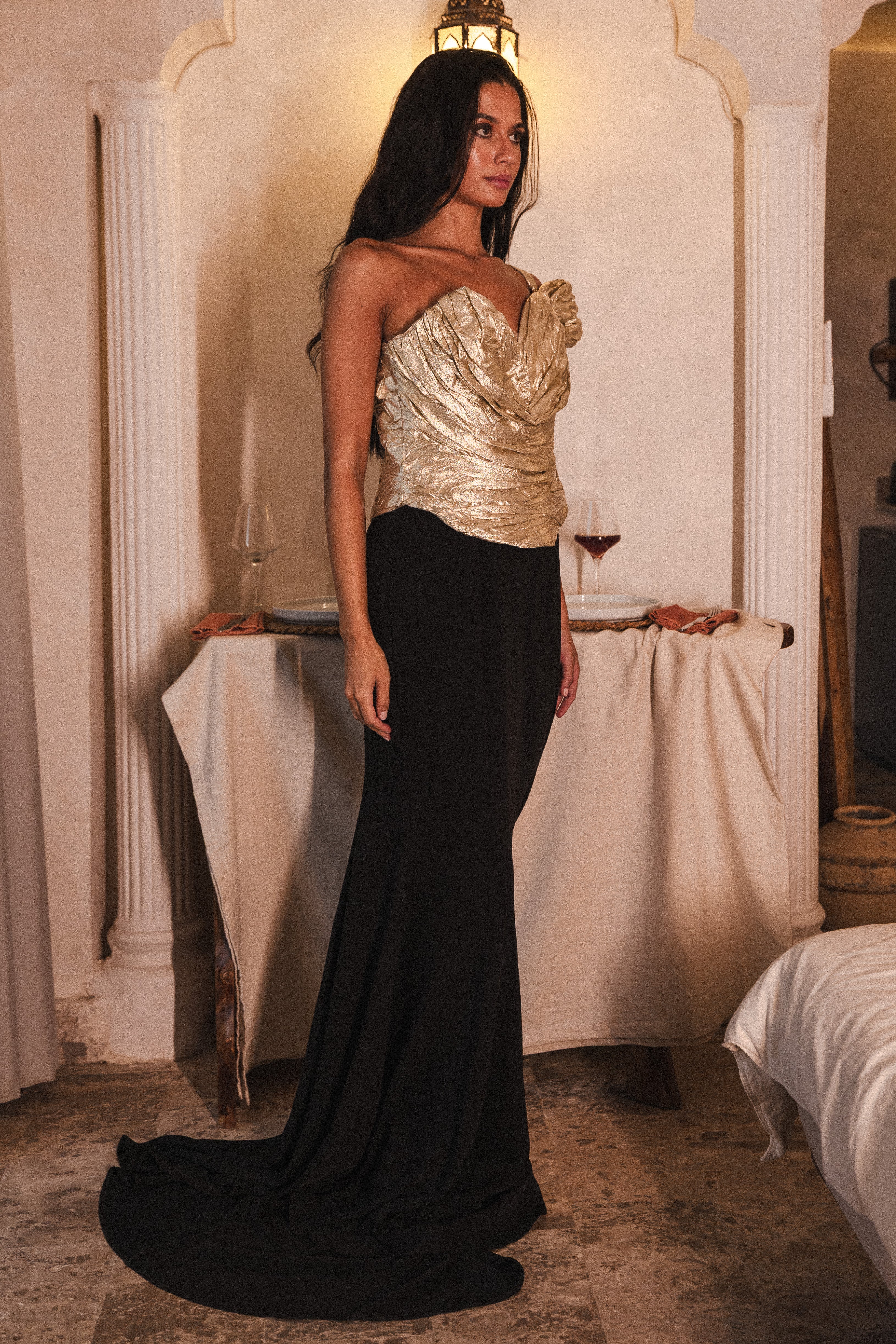 One Shoulder With Gold Corset In Black