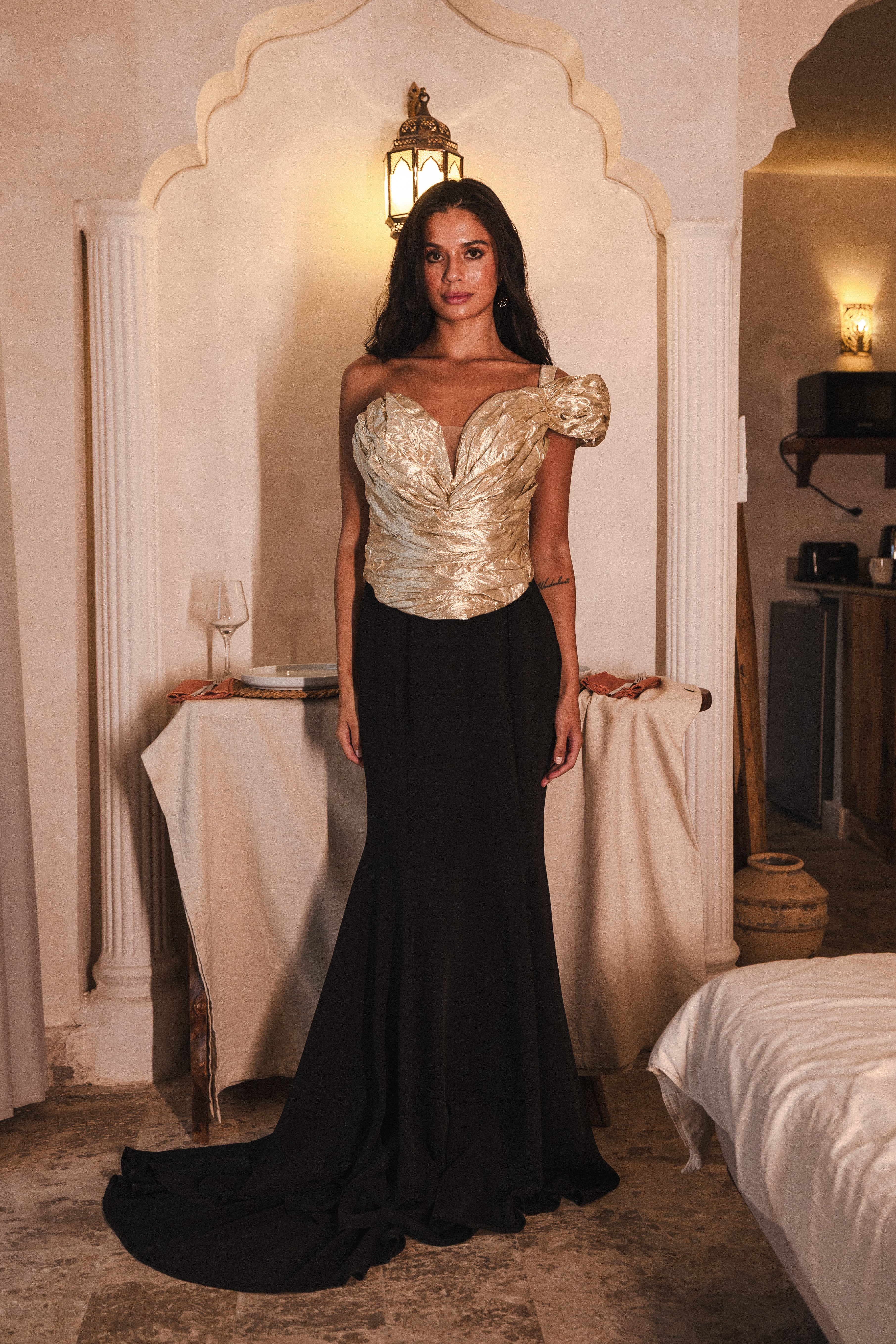 One Shoulder With Gold Corset In Black