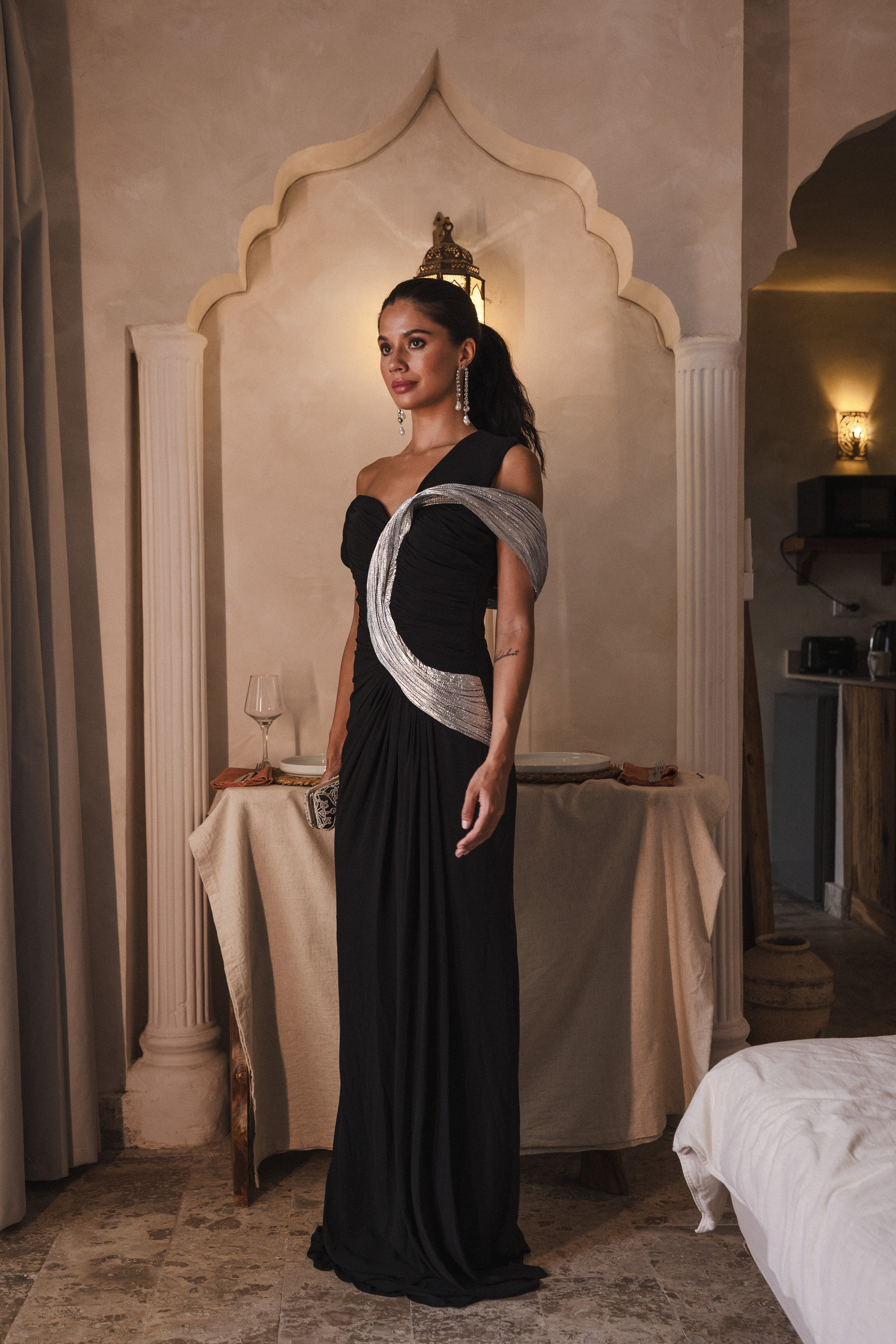 Off Shoulder Draped Silver In Black