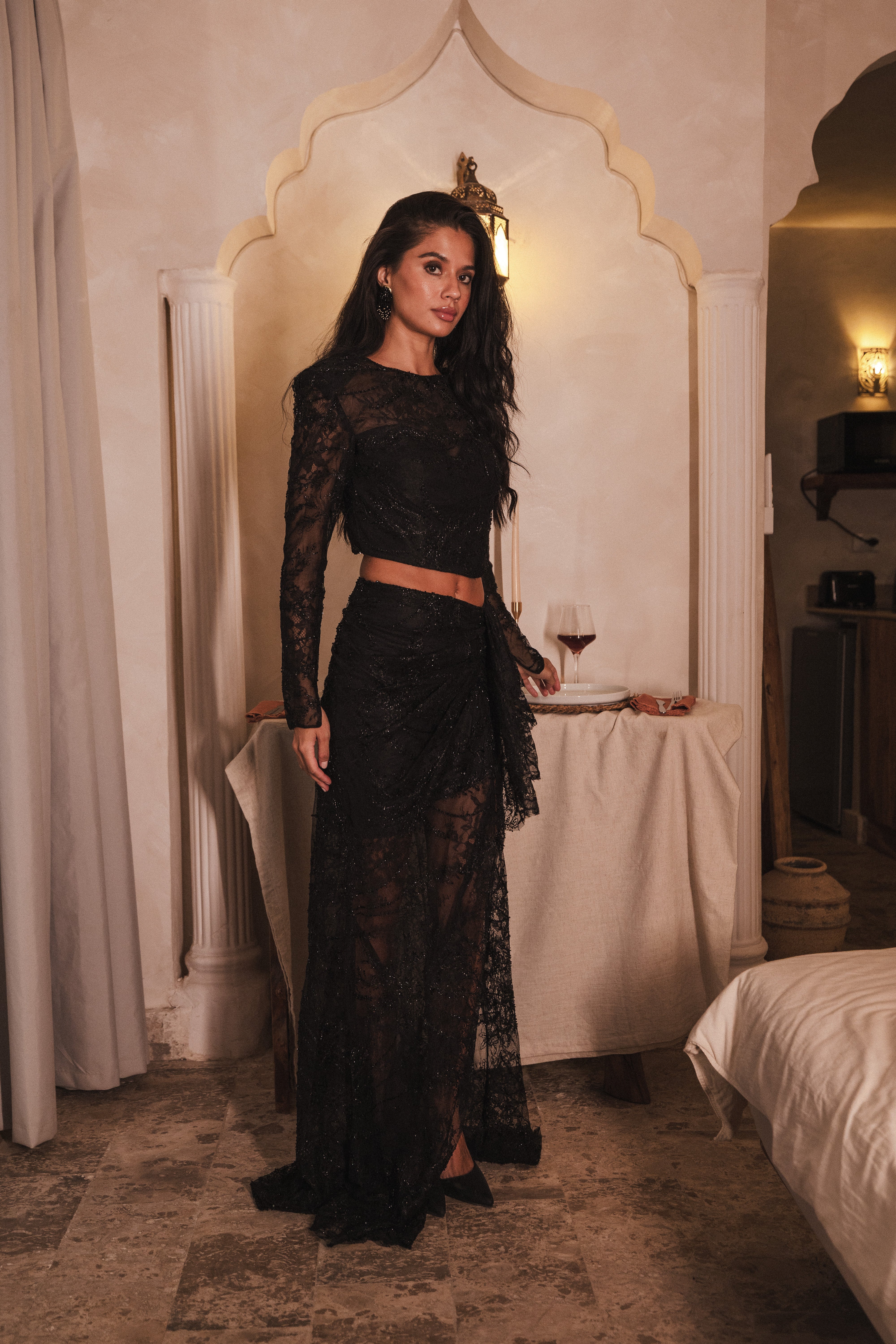 Long Sleeve Dantelle Set In Black