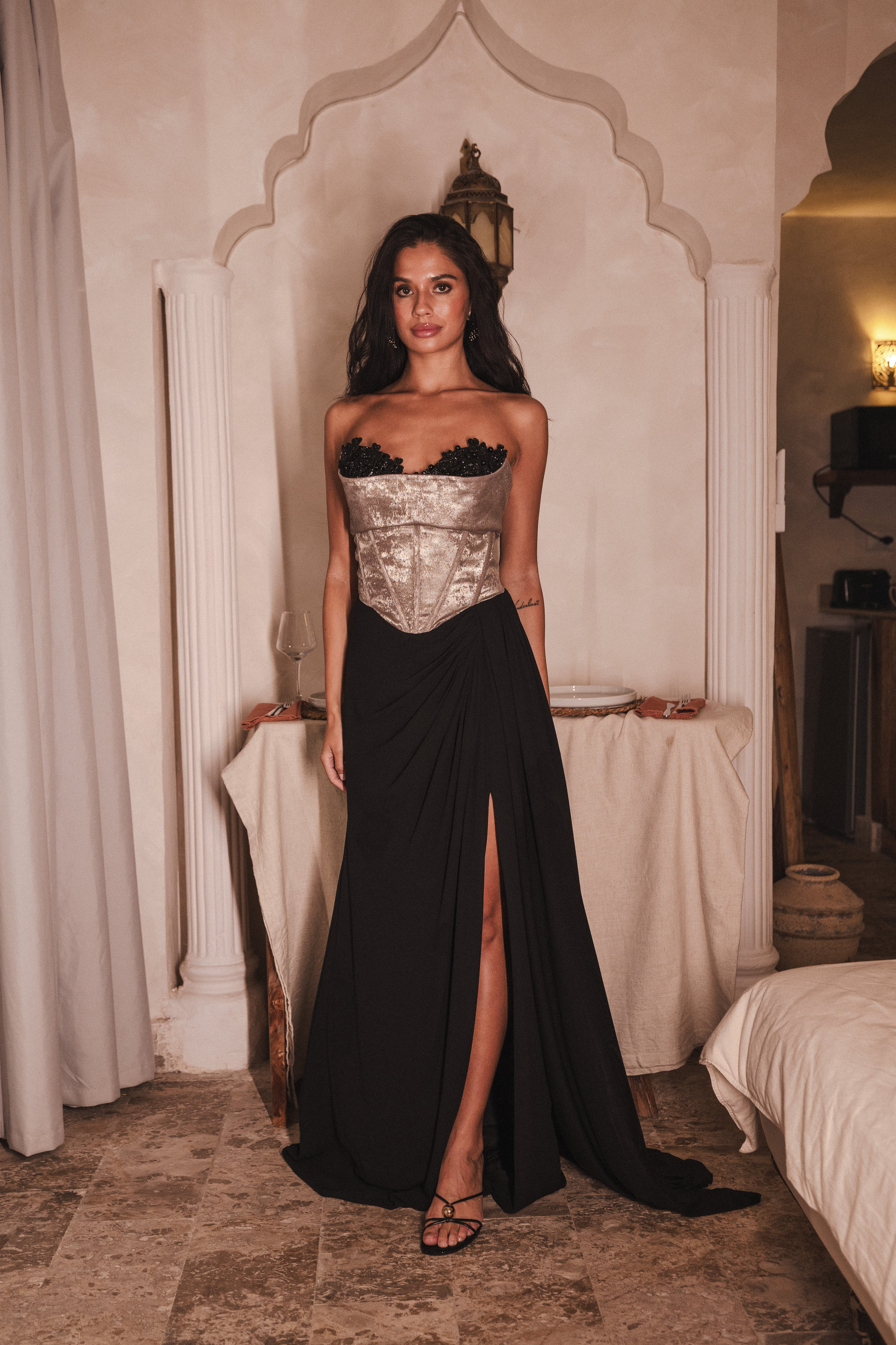 Strapless Dress With Flower Corset In Black X Oxide
