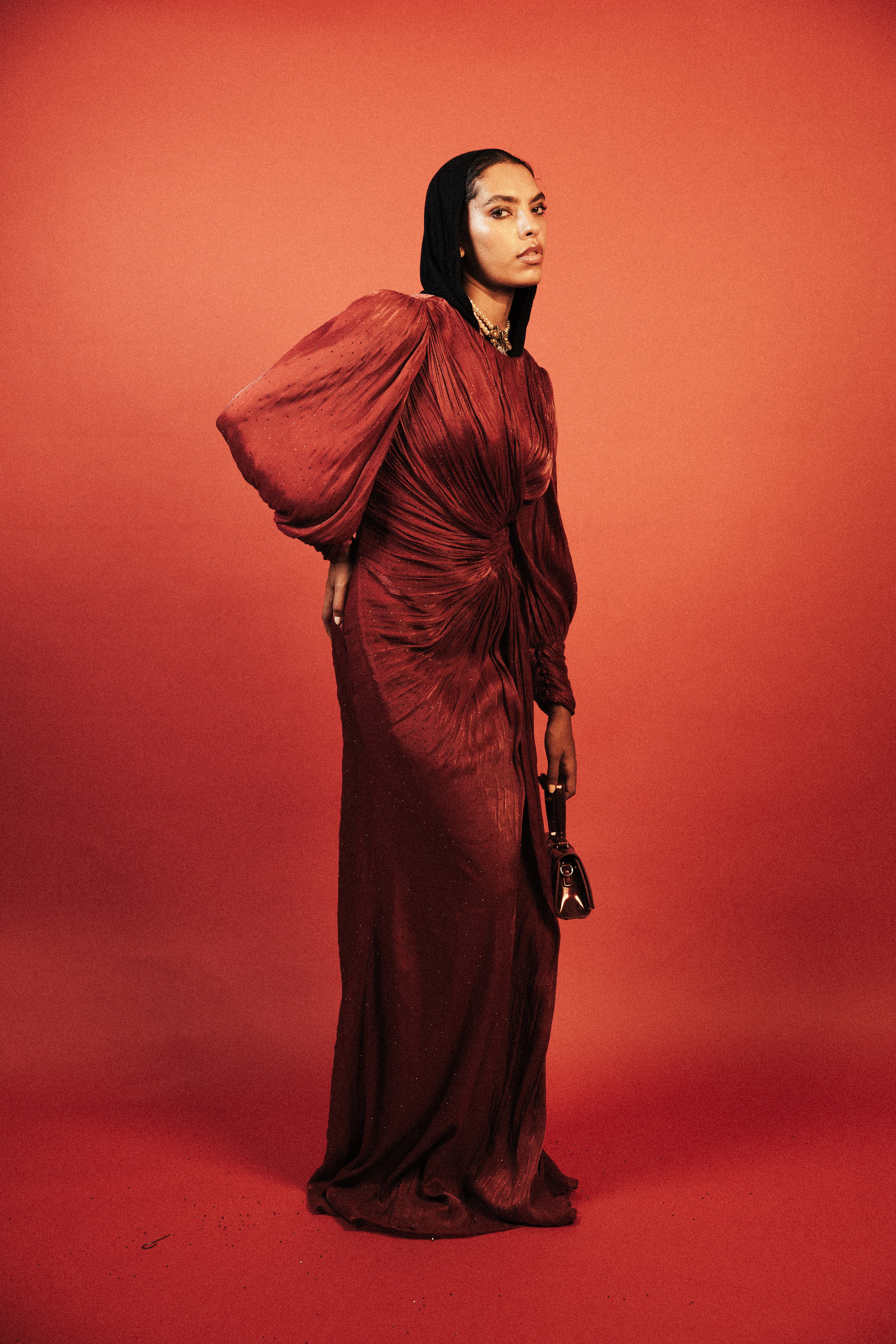 Long Sleeve Sequins Organza Long Dress in Burgundy
