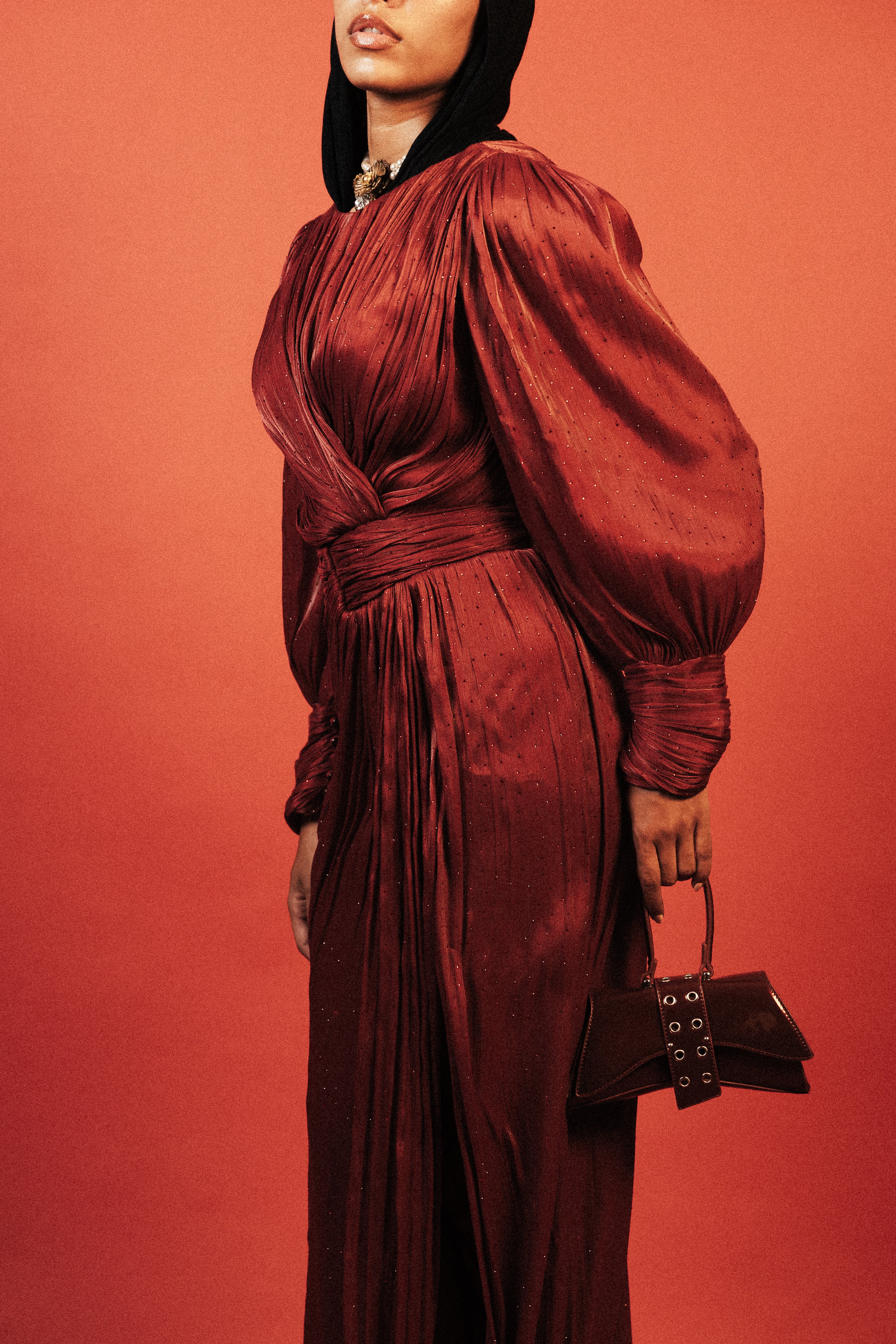 Long Sleeve Sequins Organza Long Dress in Burgundy
