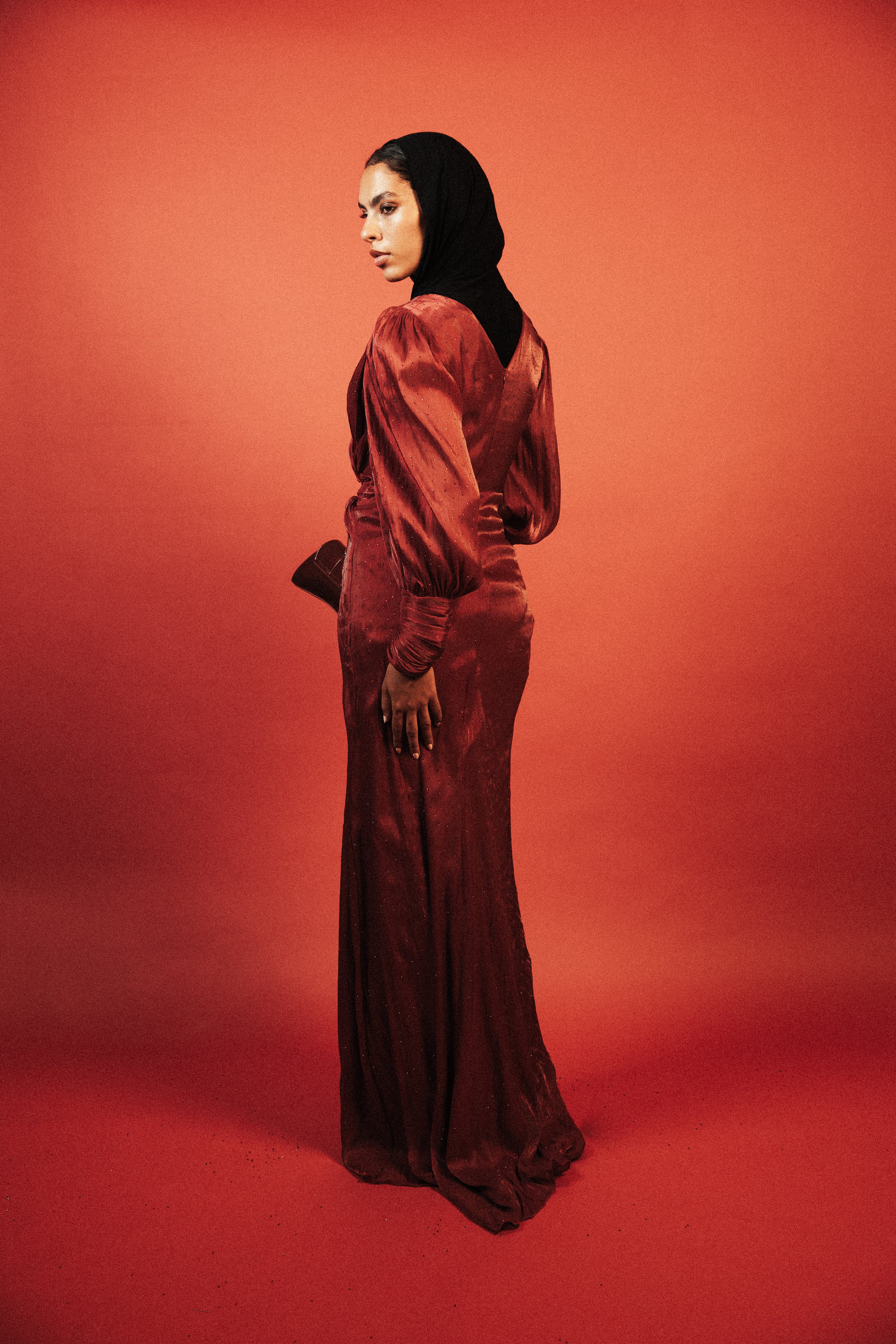 Long Sleeve Sequins Organza Long Dress in Burgundy