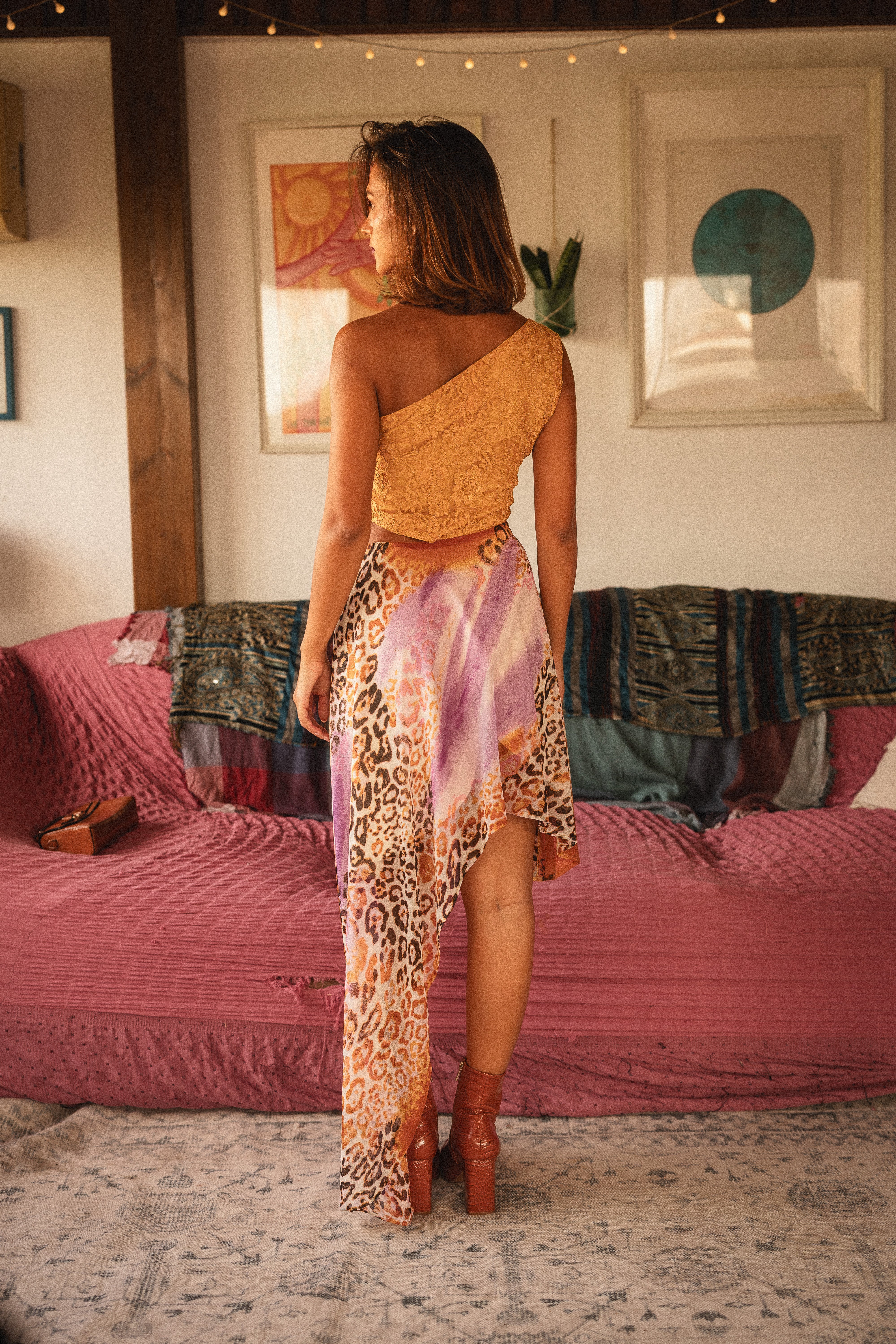 Look 2: One Shoulder dress in Orange X Tiger print