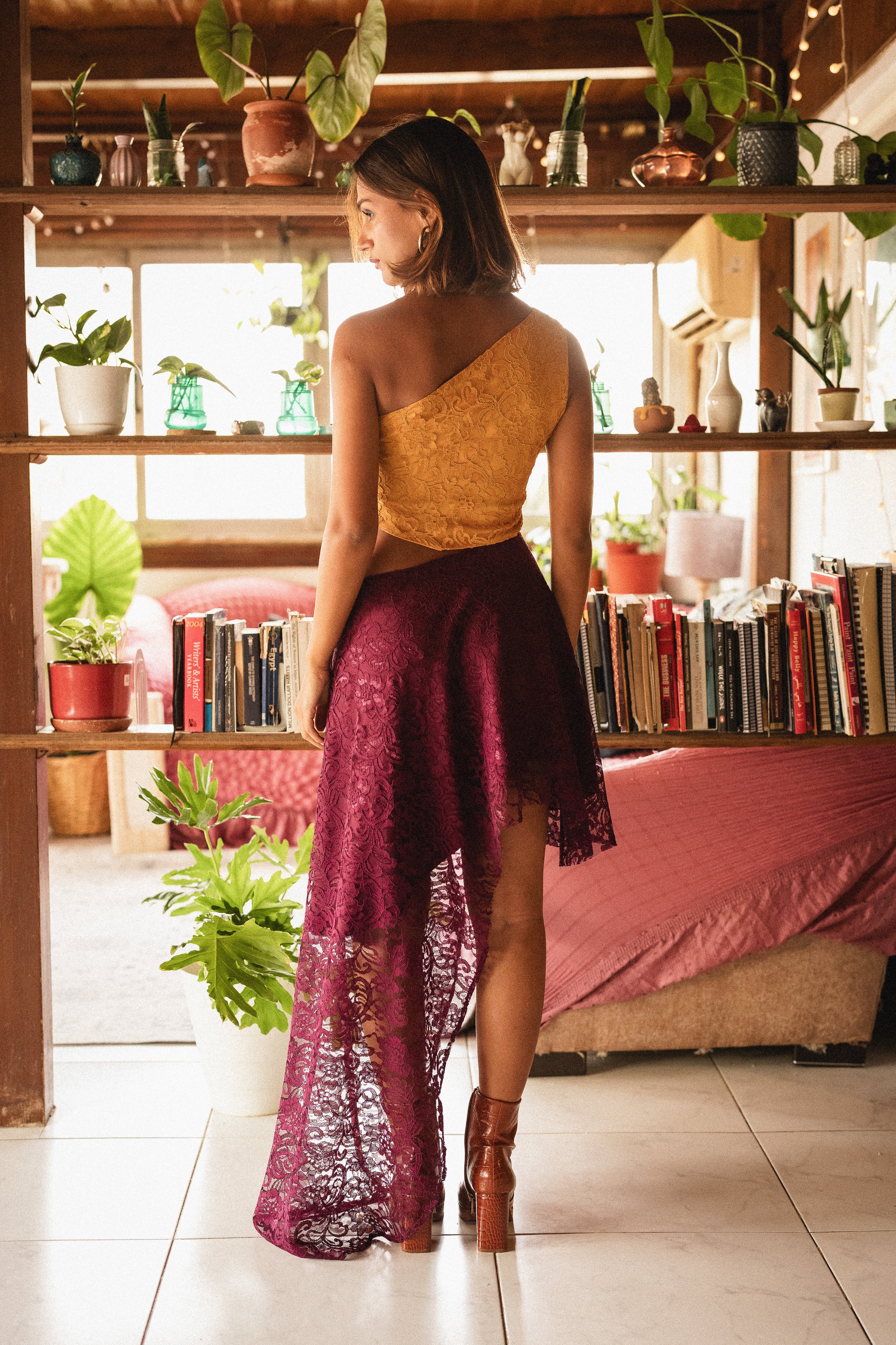 Look 2: One shoulder dress in Orange X Purple