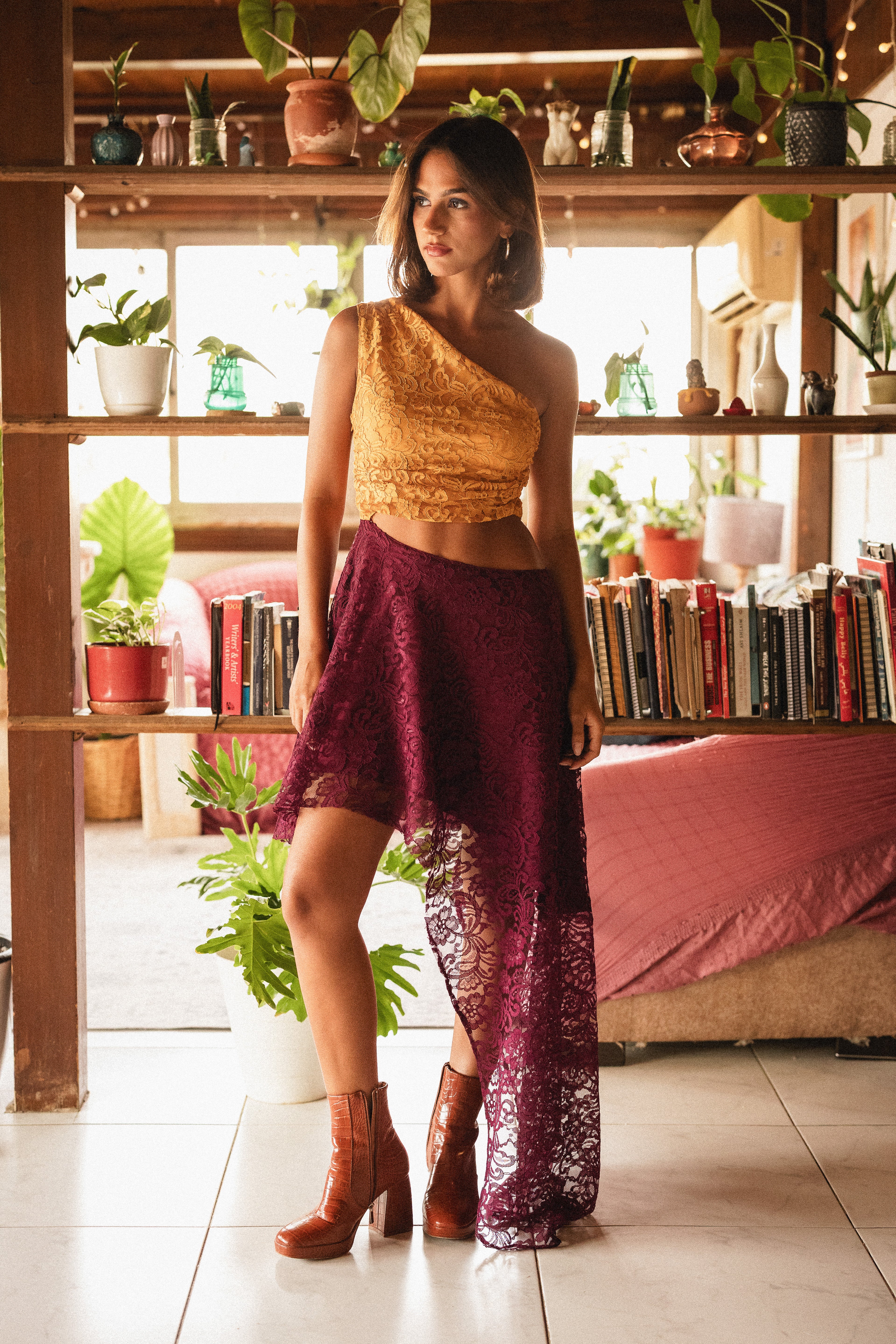 Look 2: One shoulder dress in Orange X Purple