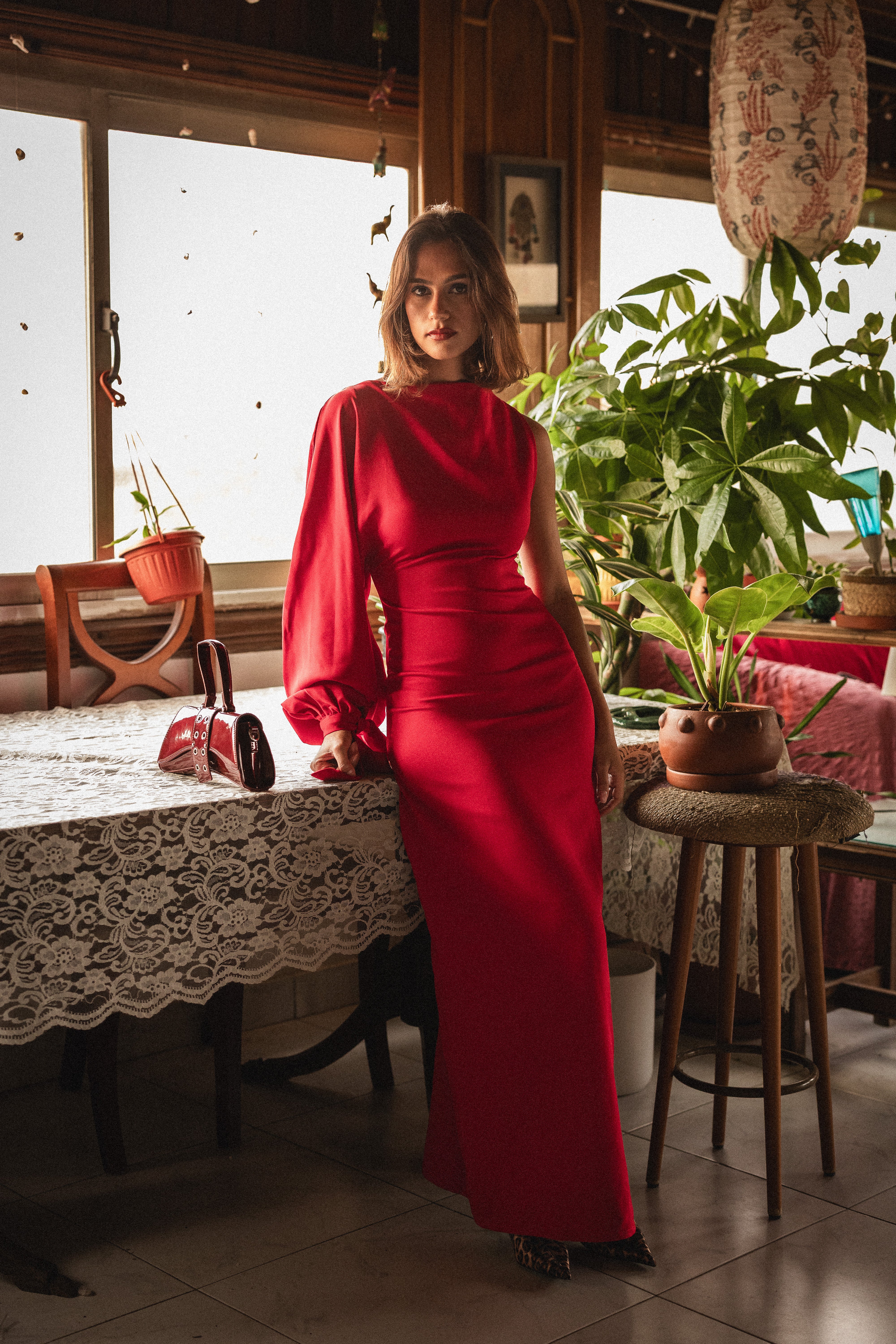 Look 4: one sleeve dress in red