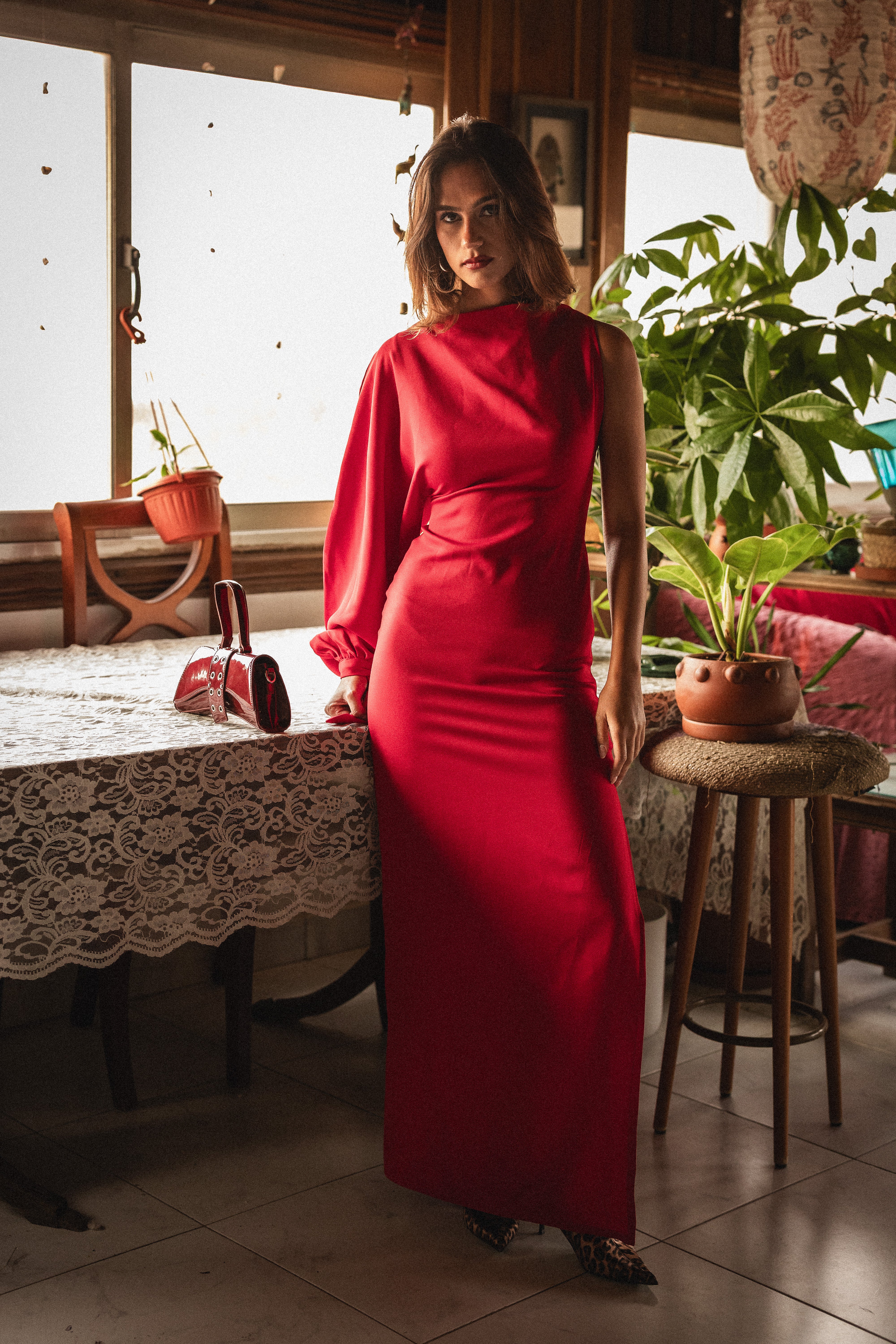Look 4: one sleeve dress in red