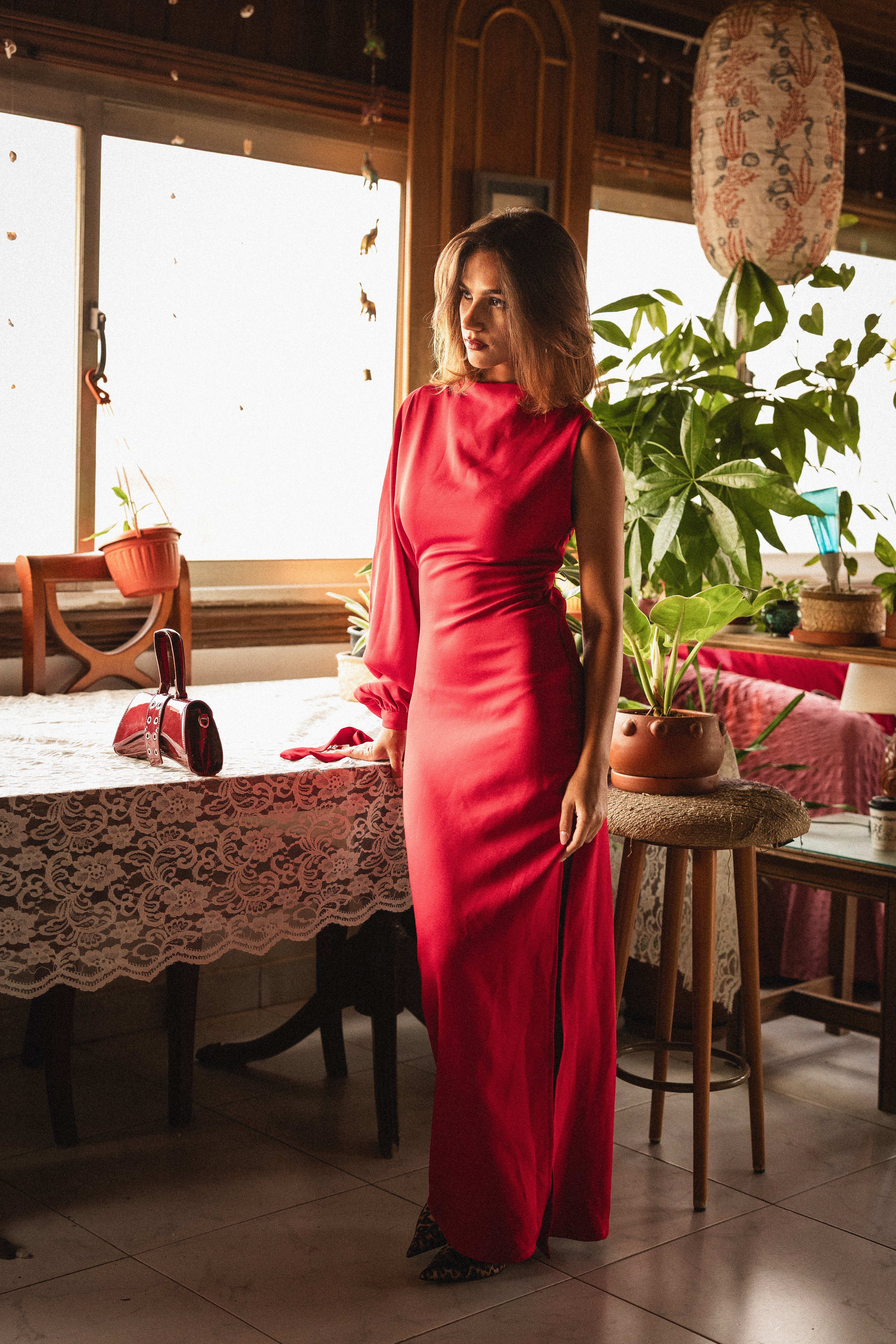 Look 4: one sleeve dress in red