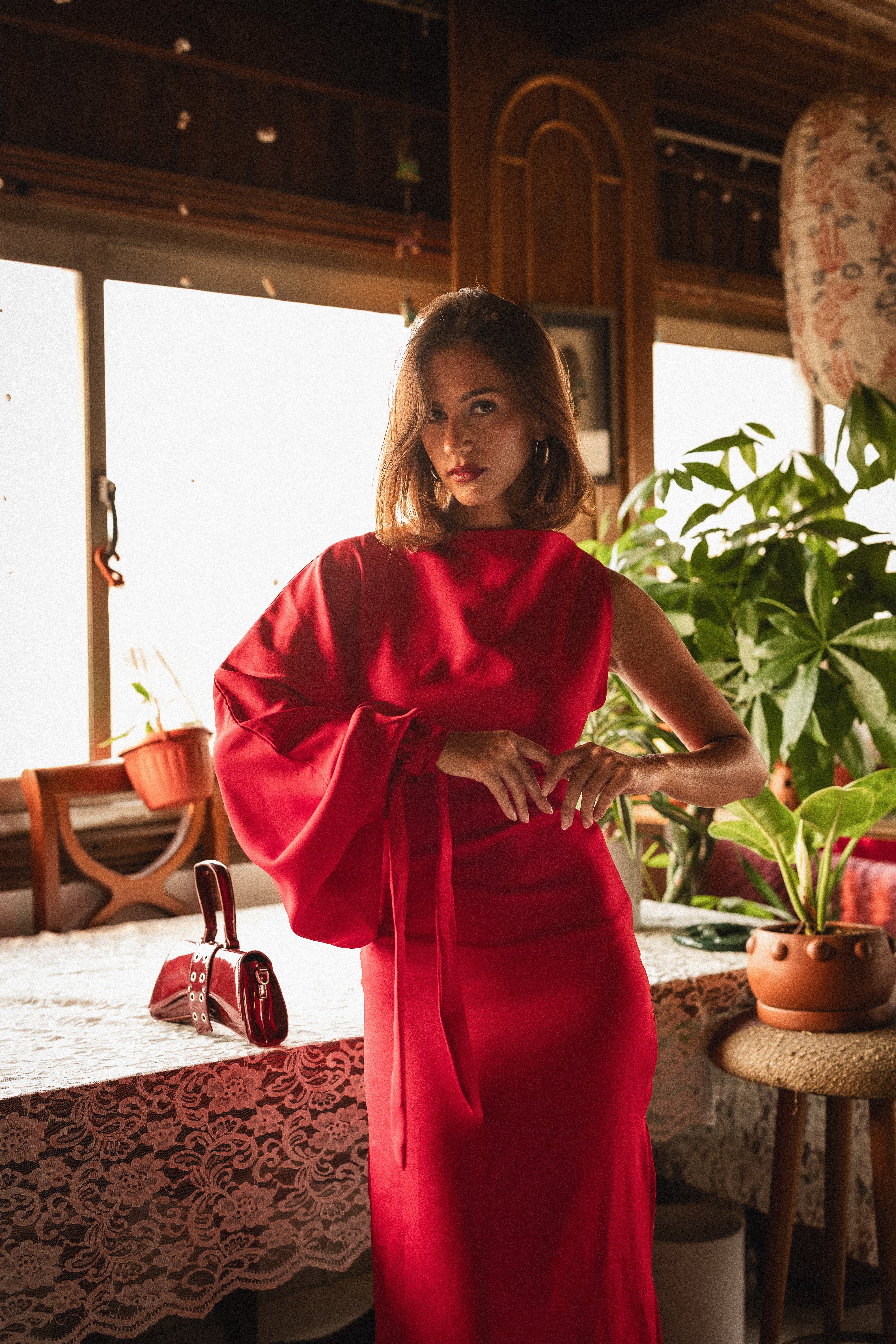 Look 4: one sleeve dress in red