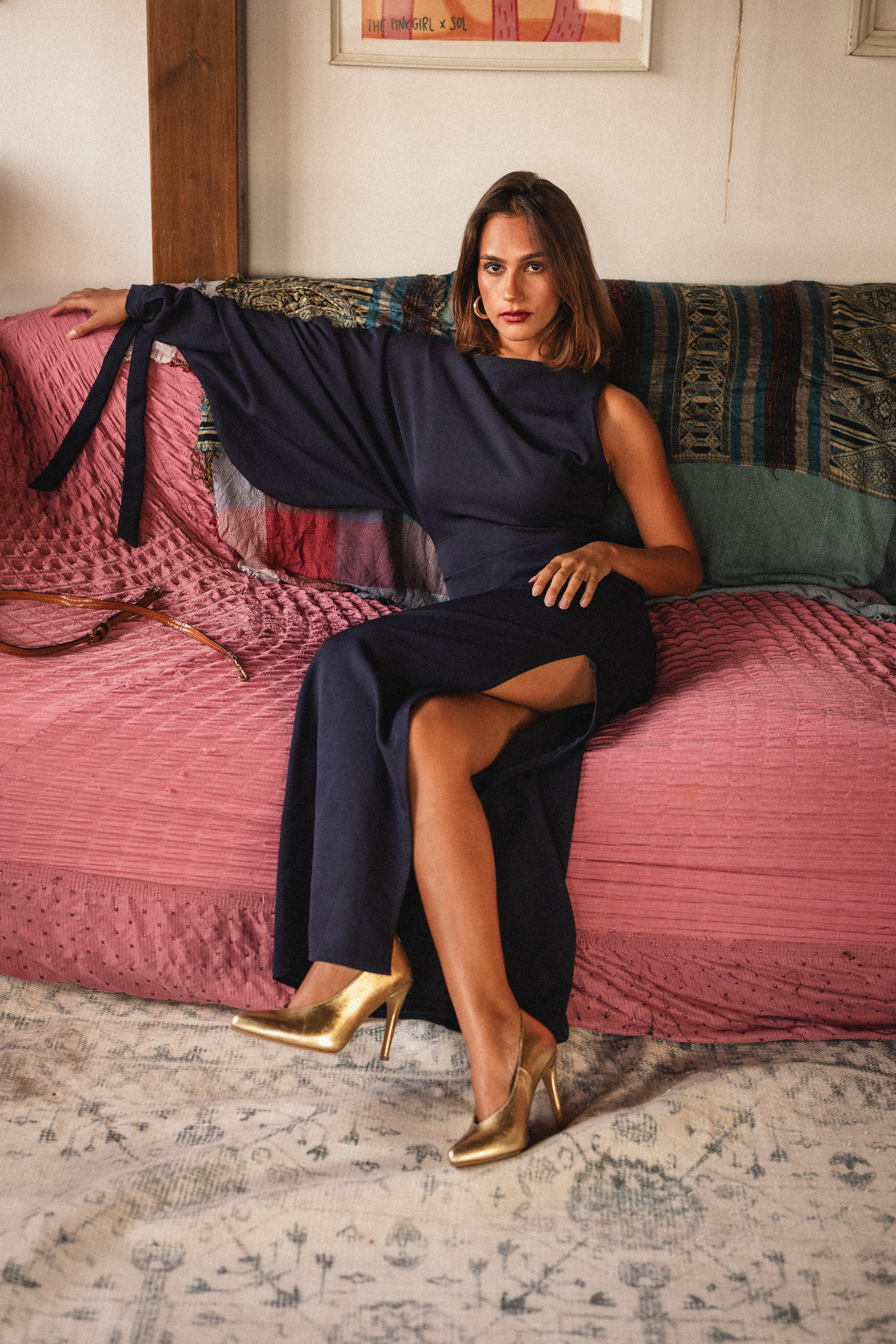 Look 4: one sleeve dress in blue