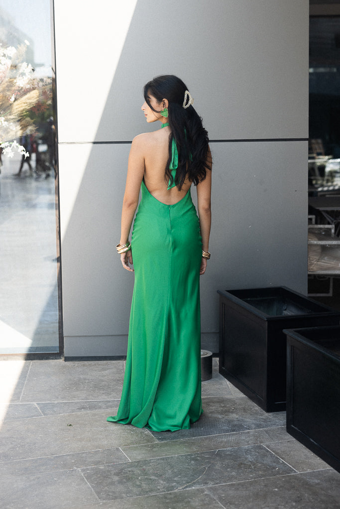 Halter neck long dress with slit in Green