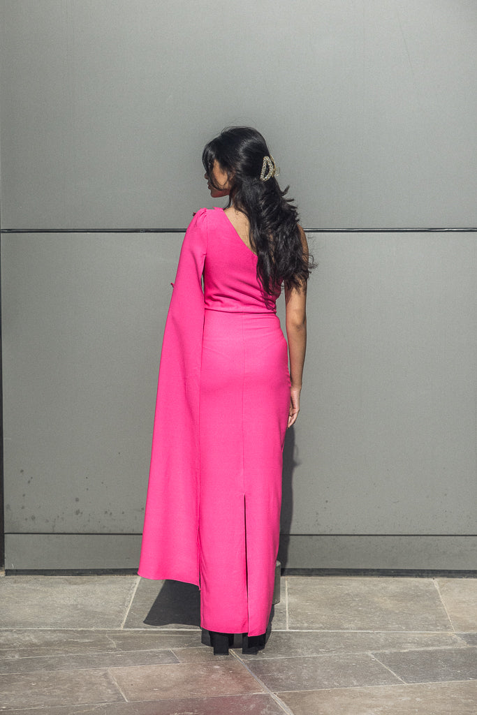 One Sleeve long dress with flowers in Fuchsia