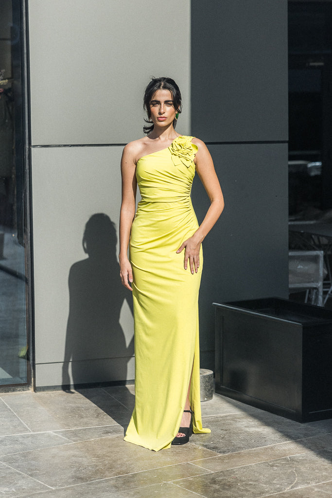 One shoulder long dress in Apple Green