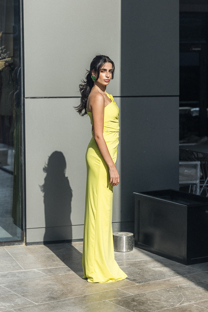 One shoulder long dress in Apple Green