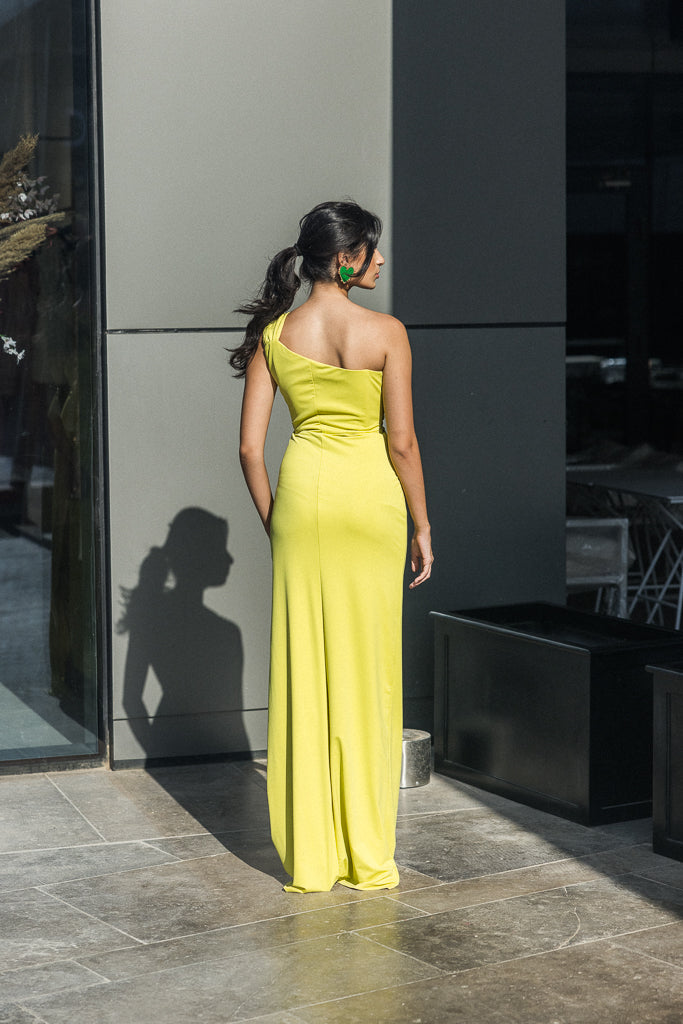 One shoulder long dress in Apple Green