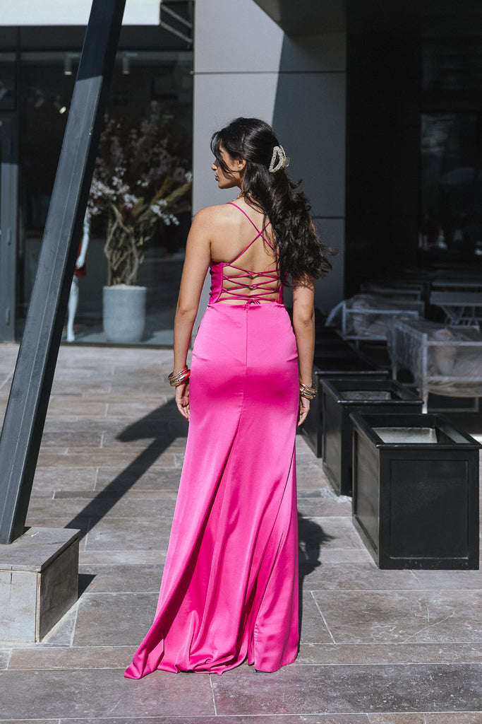 Backless Satin Long Dress in Fuchsia