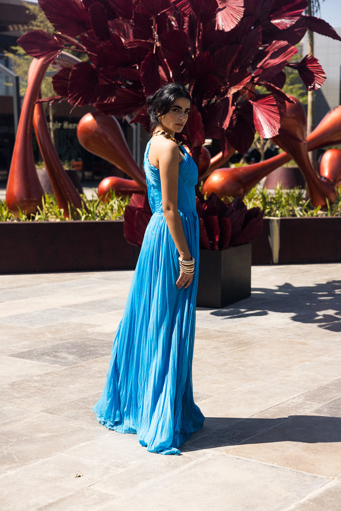 One sleeve Draped Long dress in Turquoise