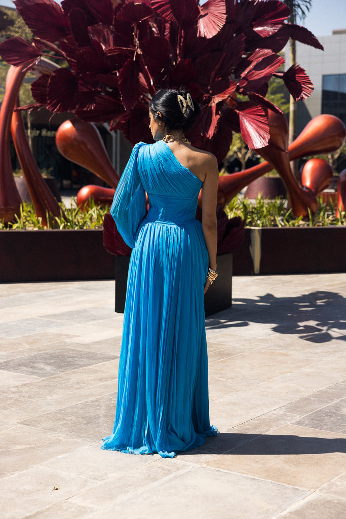 One sleeve Draped Long dress in Turquoise