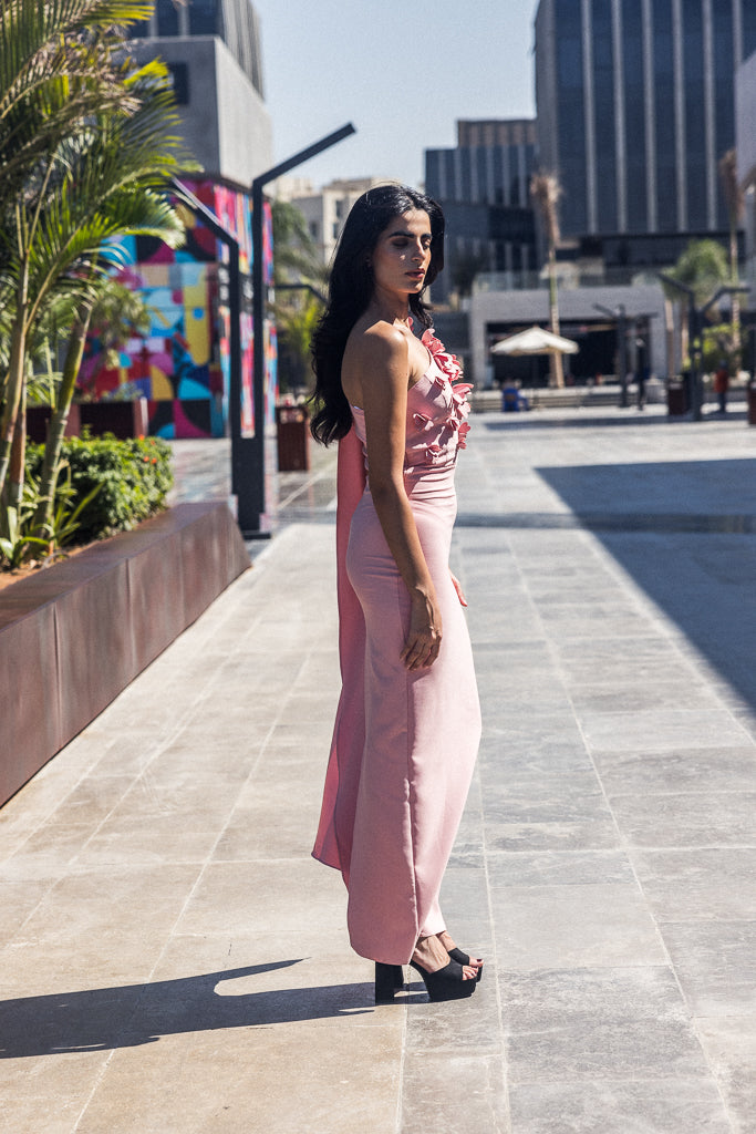 One Sleeve long dress with flowers in Pink