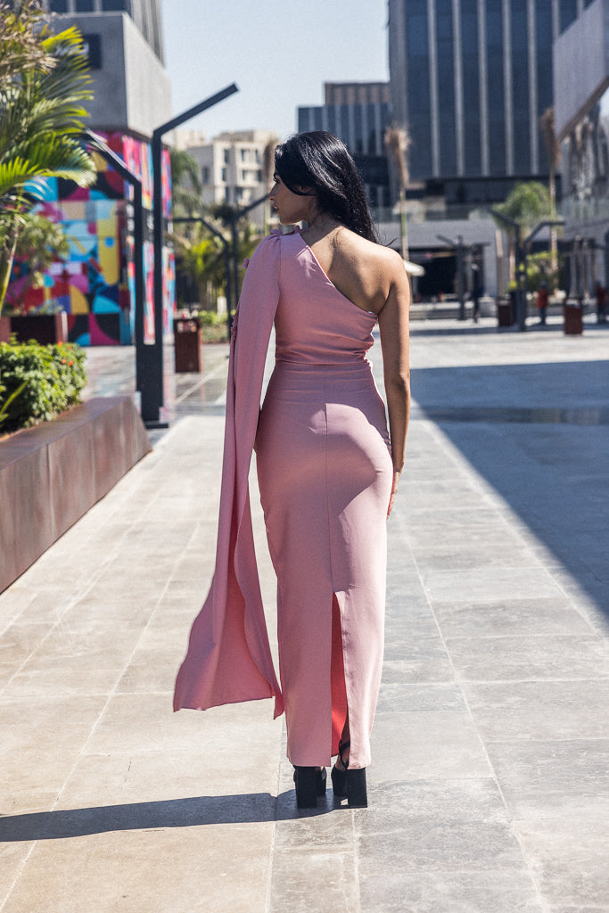 One Sleeve long dress with flowers in Pink