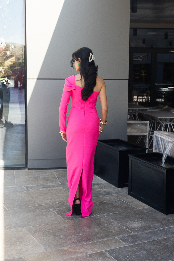 One Sleeve long dress in Fuchsia