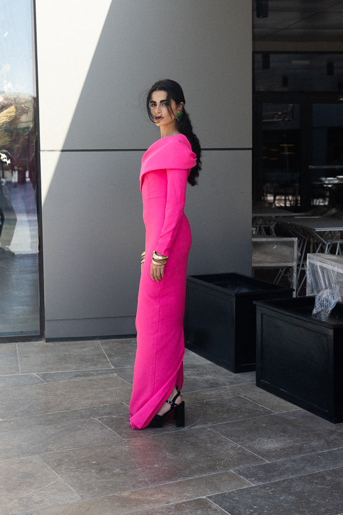 One Sleeve long dress in Fuchsia