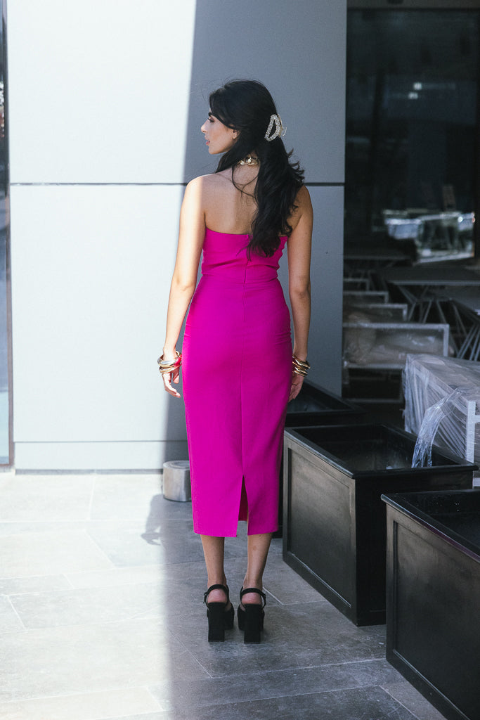 Flower Midi Dress in Fuchsia