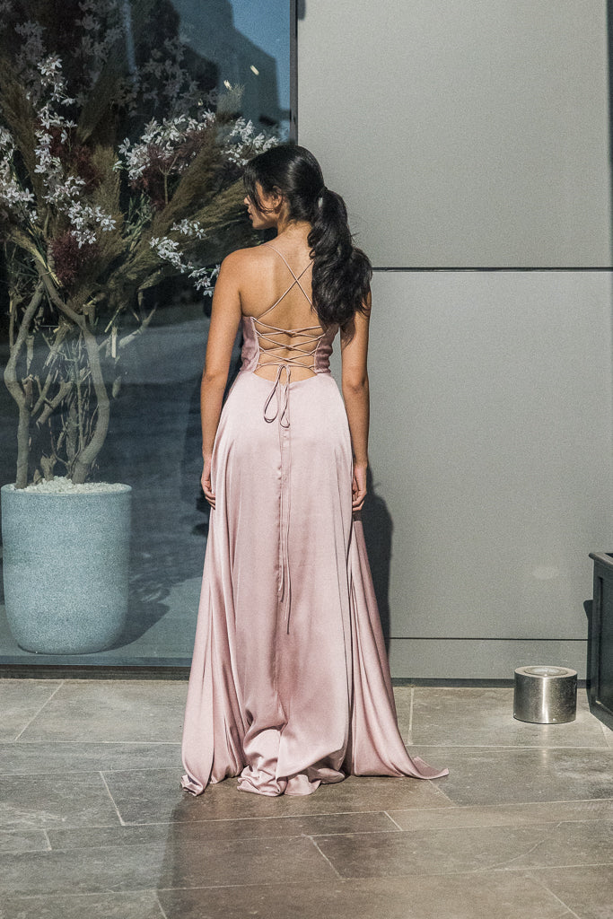 Backless Satin Long Dress in Pink