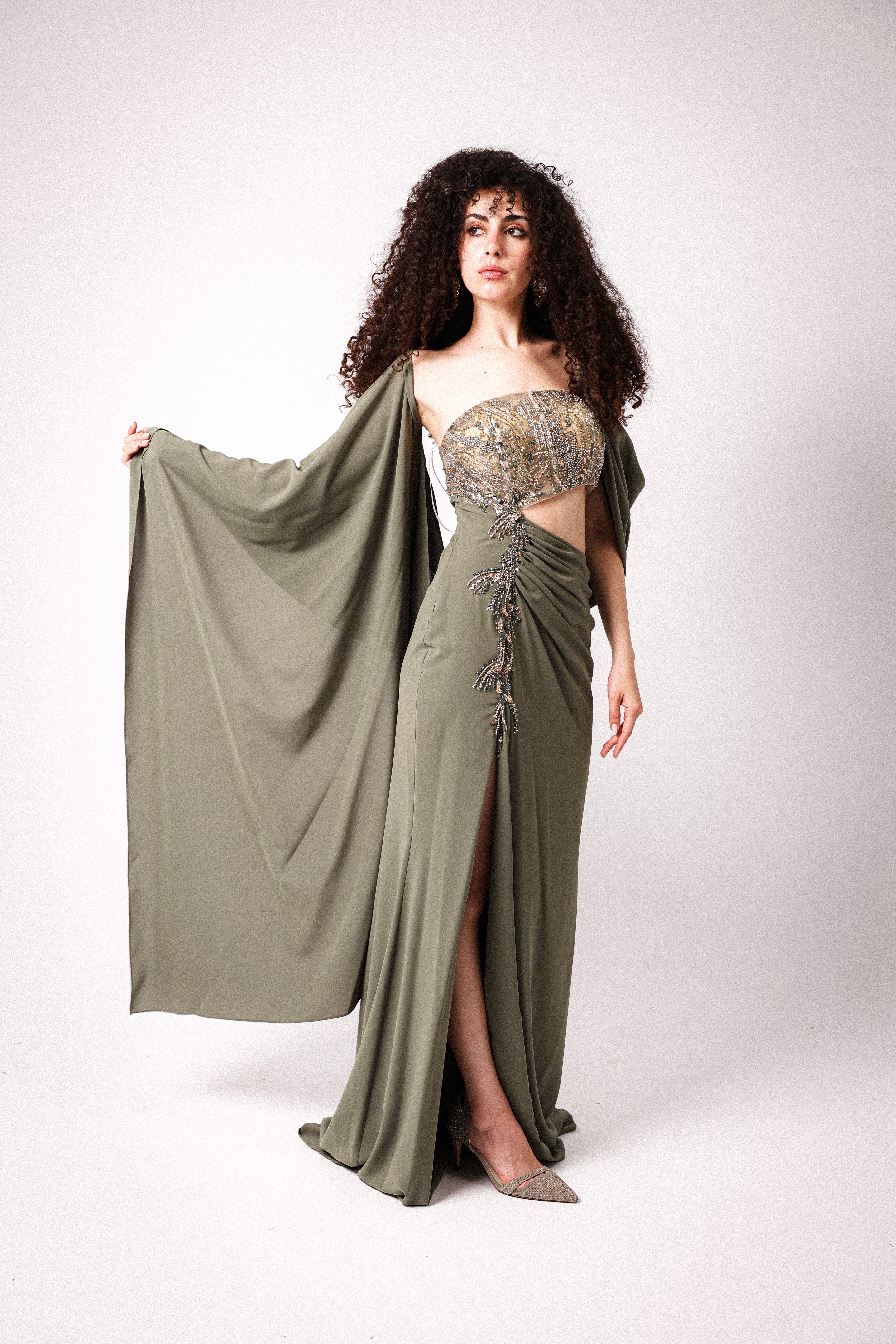 ONE SHOULDER CUT OUT DRESS IN OLIVE