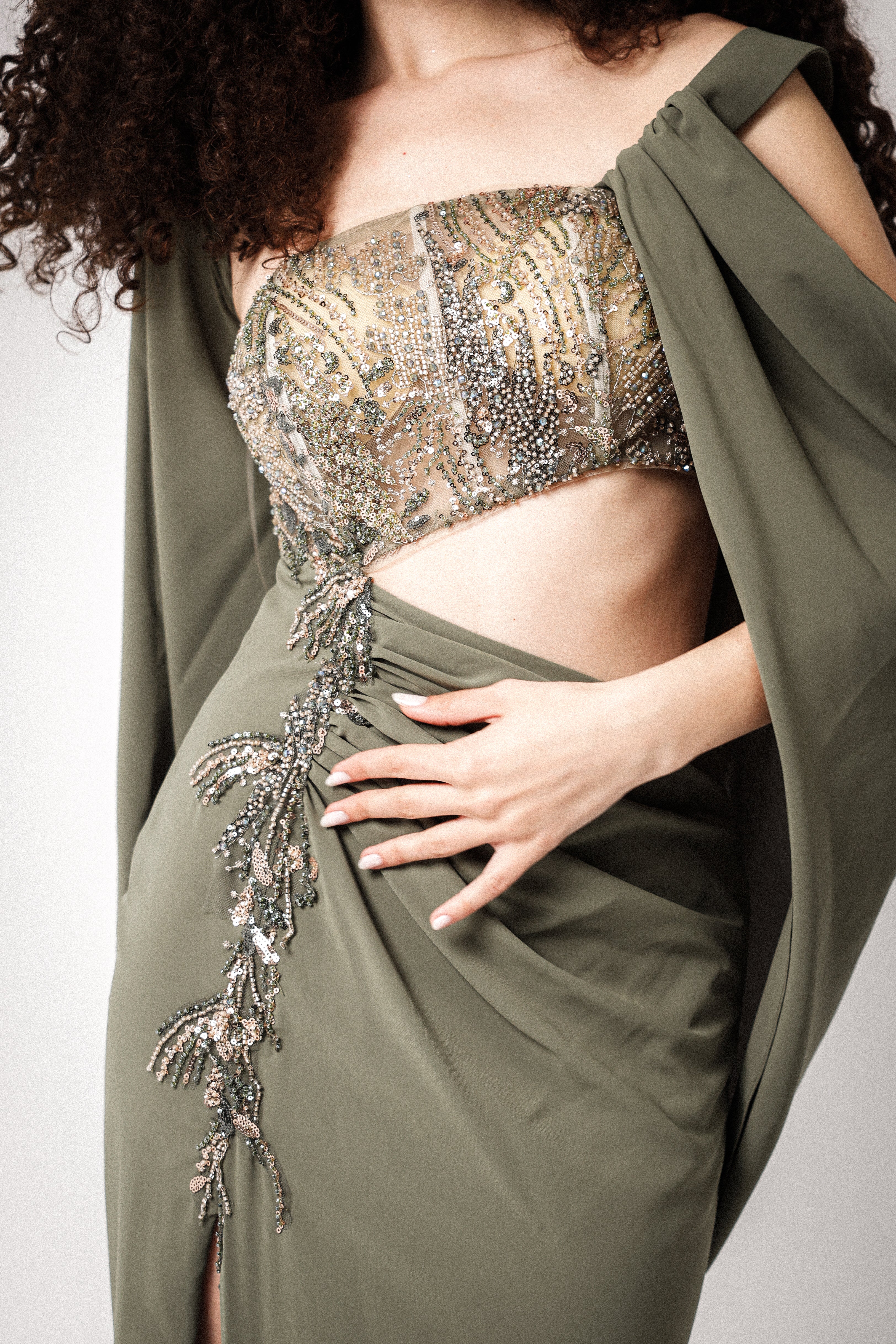 ONE SHOULDER CUT OUT DRESS IN OLIVE