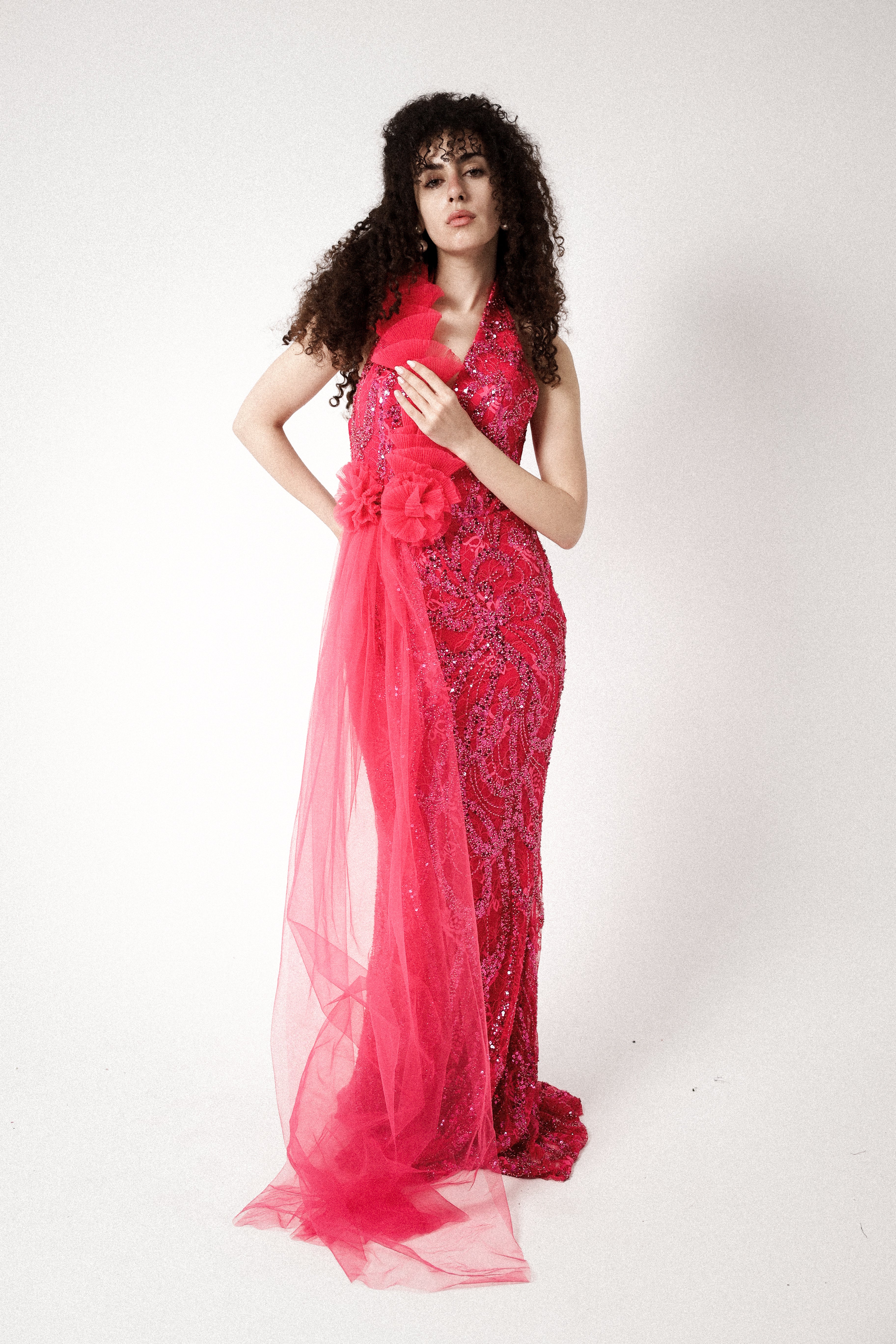 HALTER NECK LONG DRESS IN HOT PINK