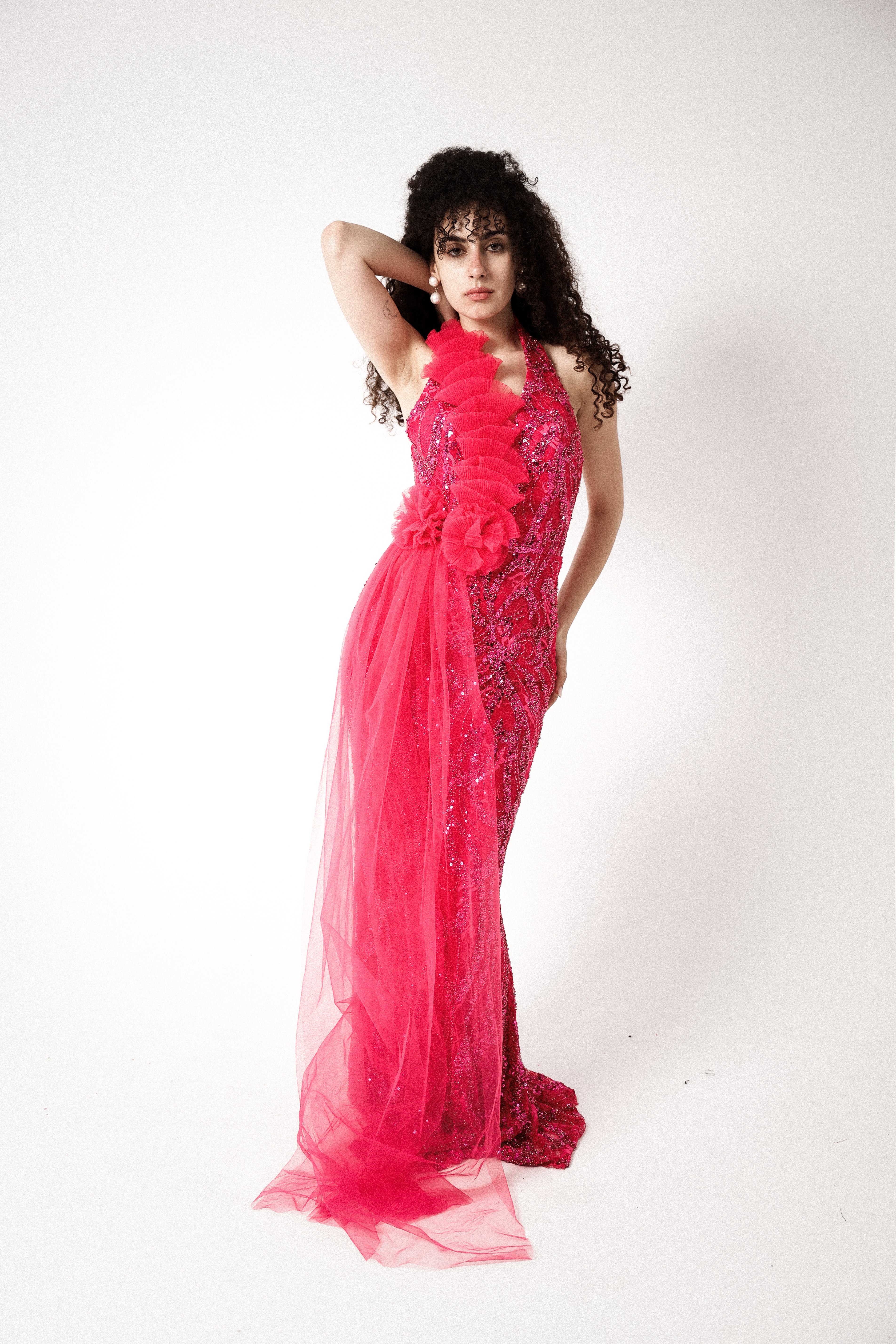 HALTER NECK LONG DRESS IN HOT PINK