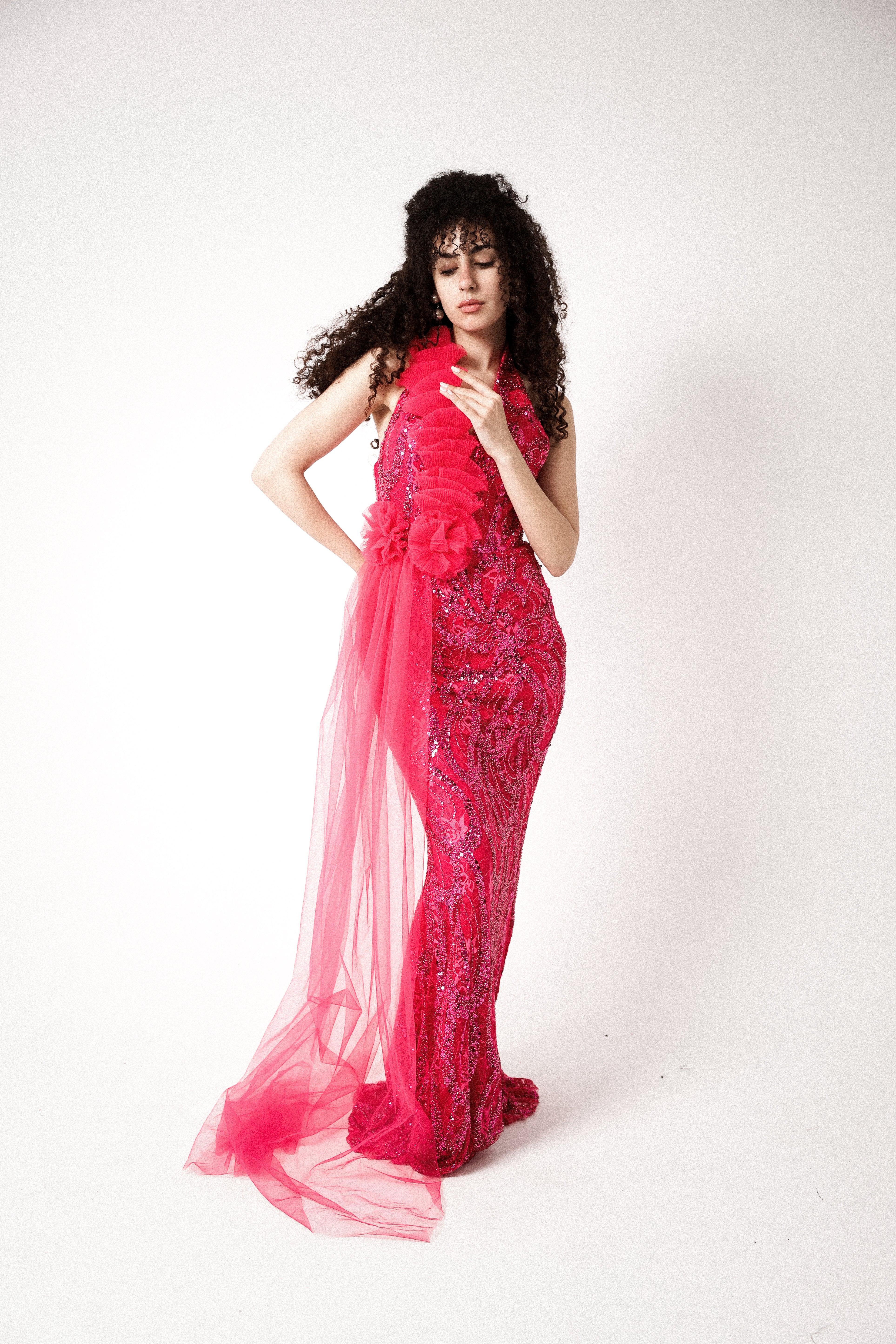 HALTER NECK LONG DRESS IN HOT PINK