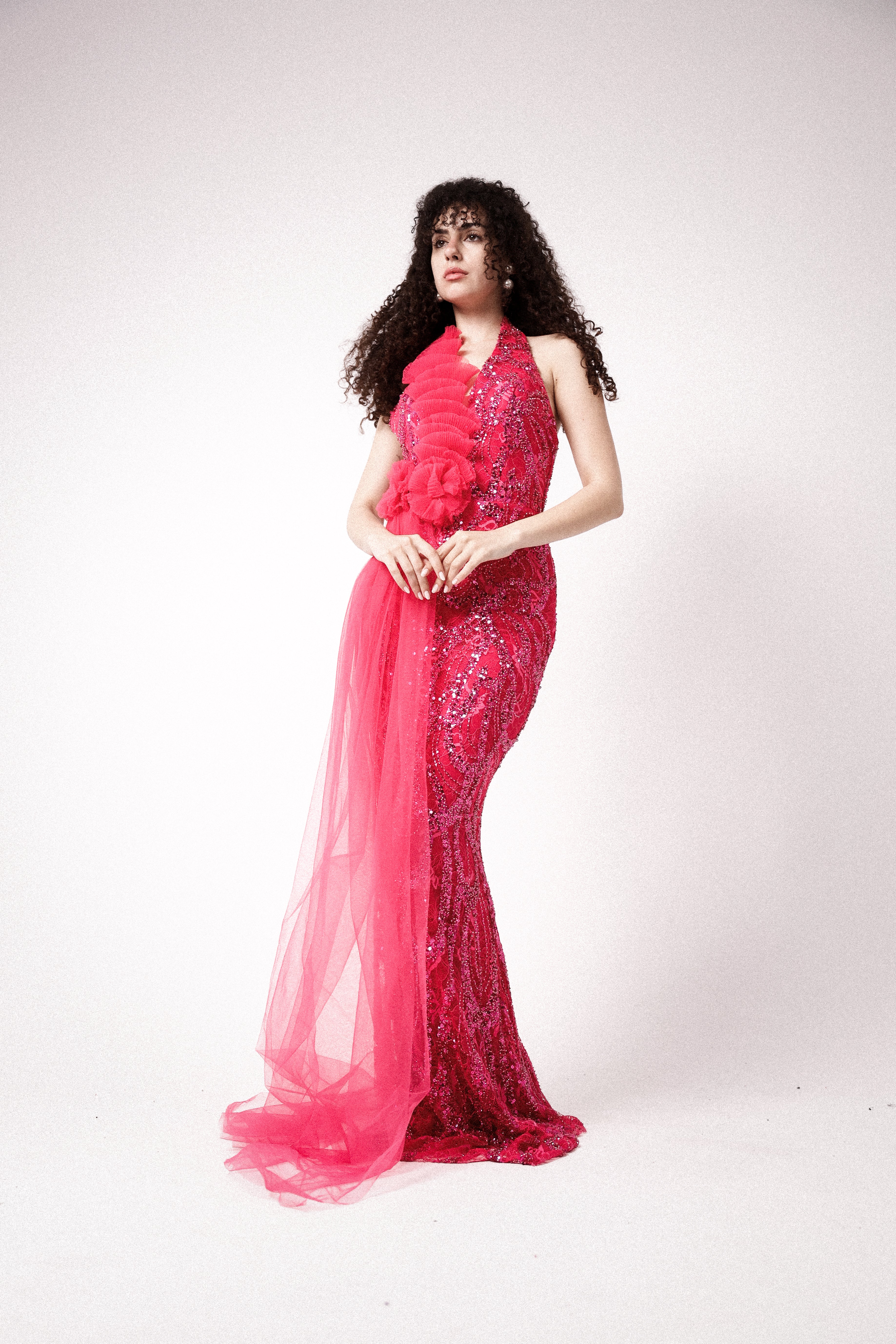 HALTER NECK LONG DRESS IN HOT PINK