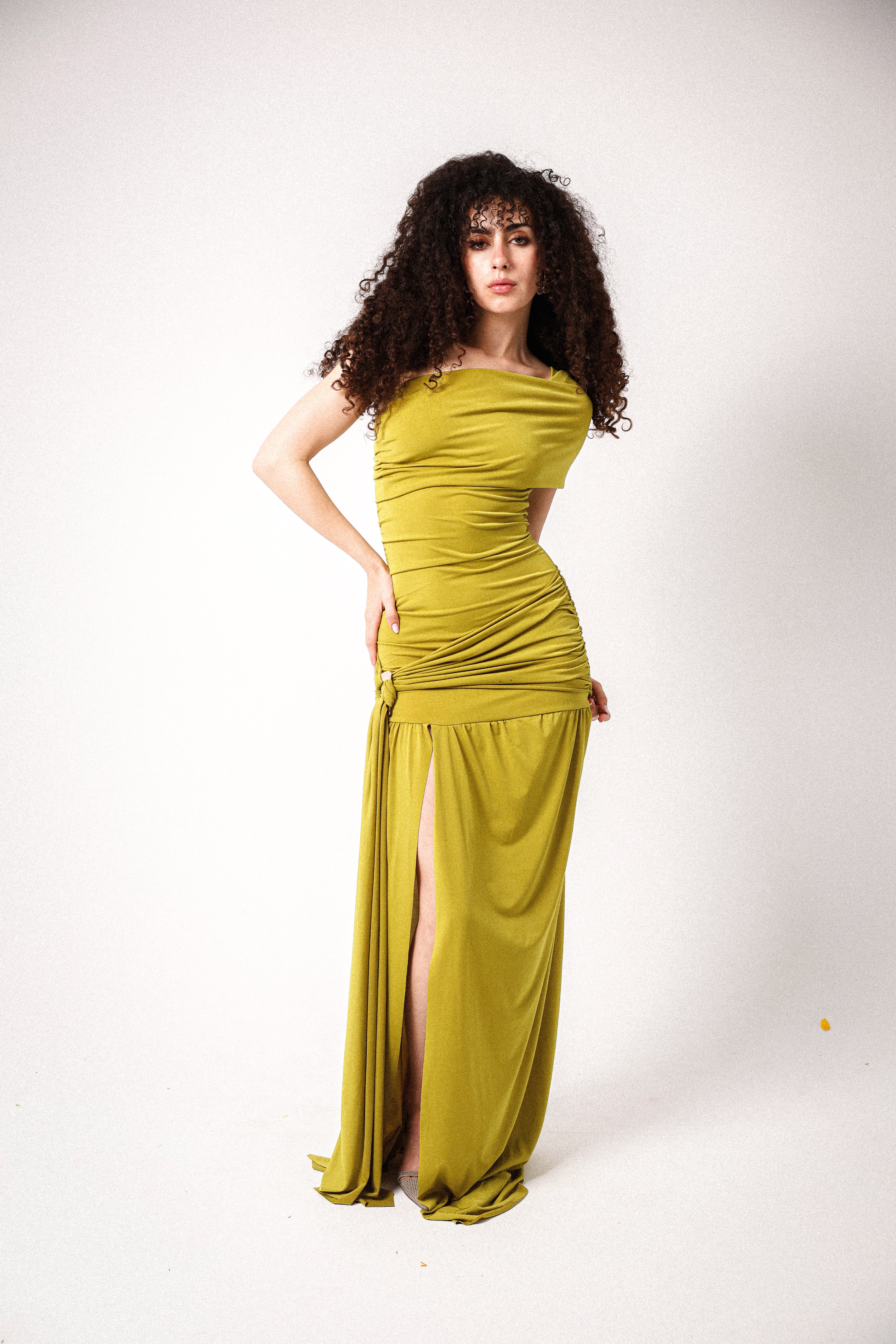 one shoulder lycra long dress in apple green