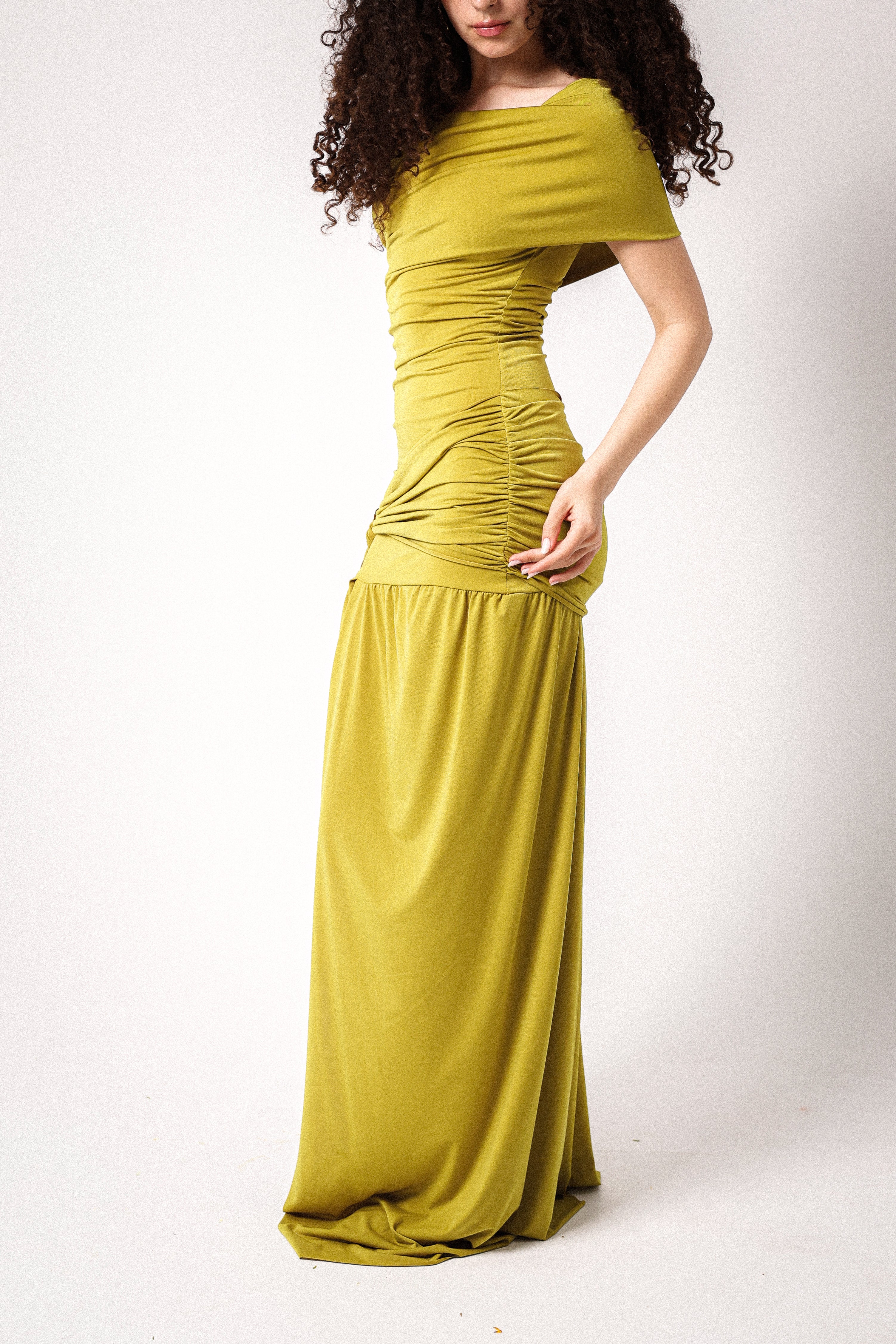 one shoulder lycra long dress in apple green