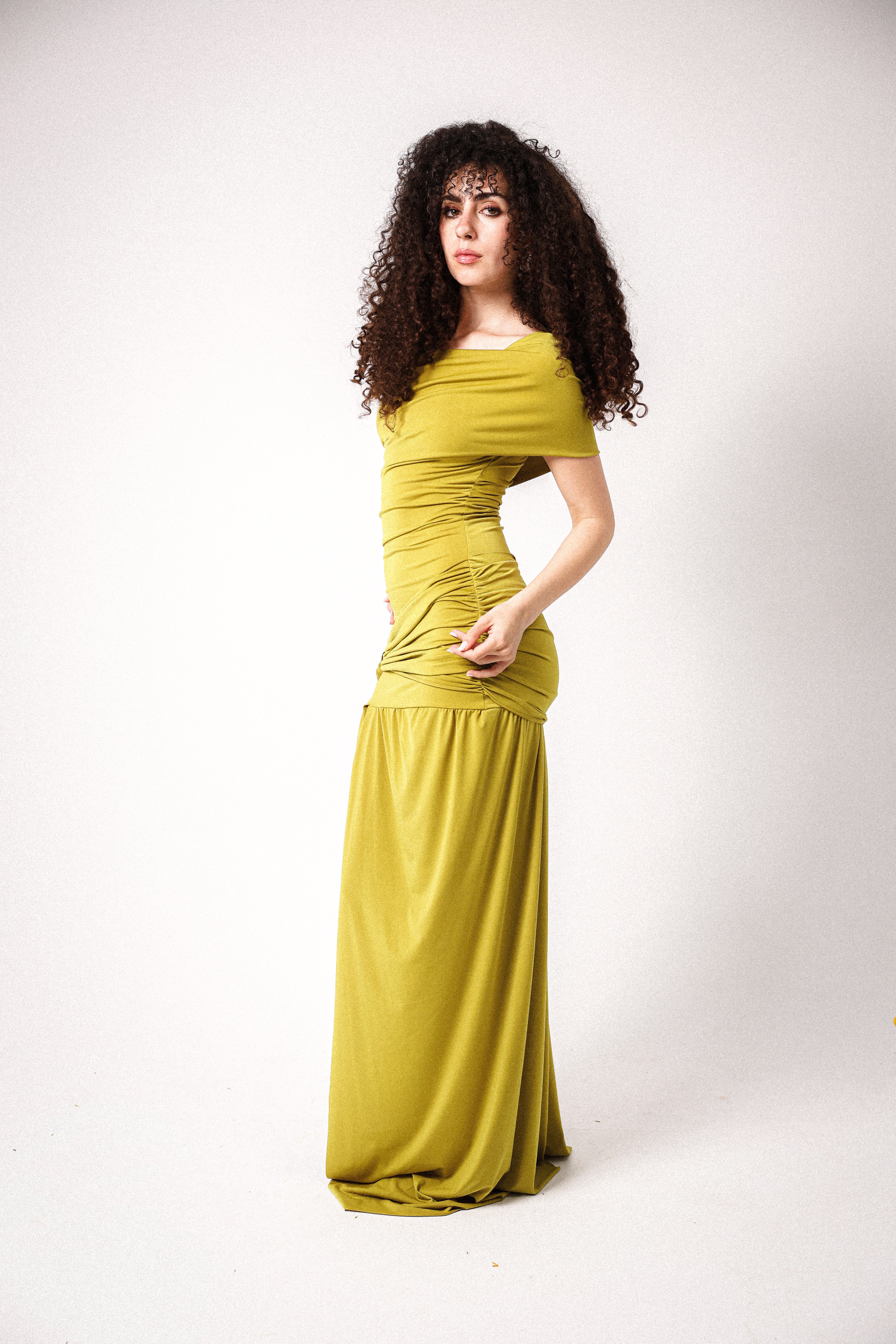 one shoulder lycra long dress in apple green
