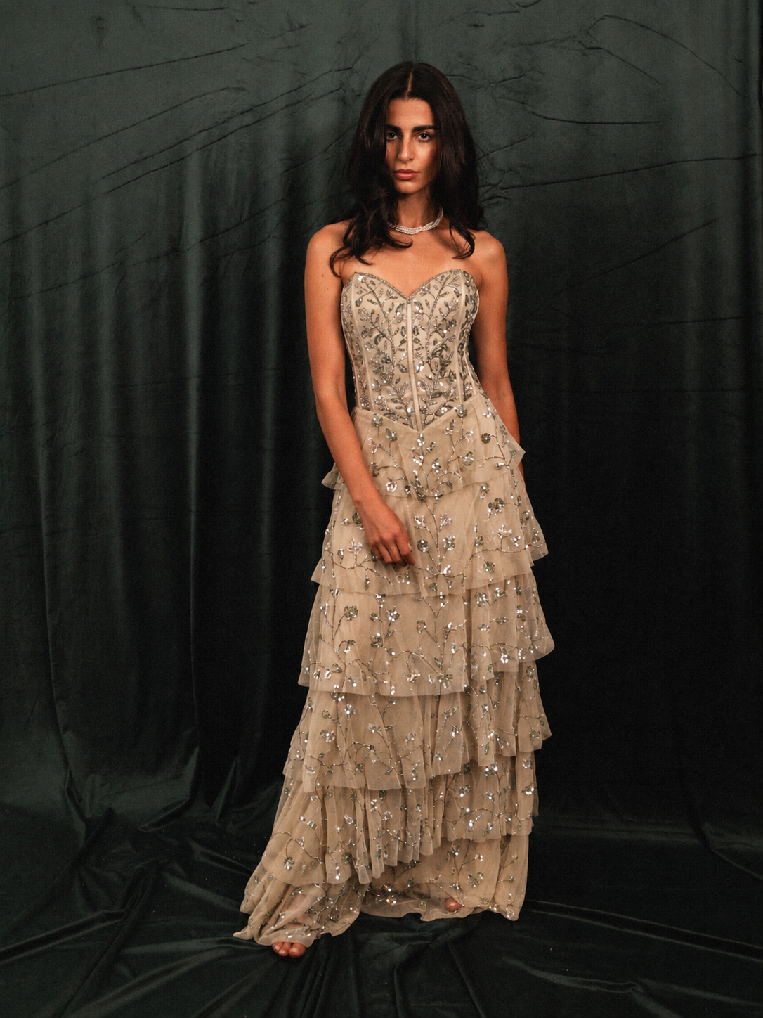 strapless ruffled long dress in beige