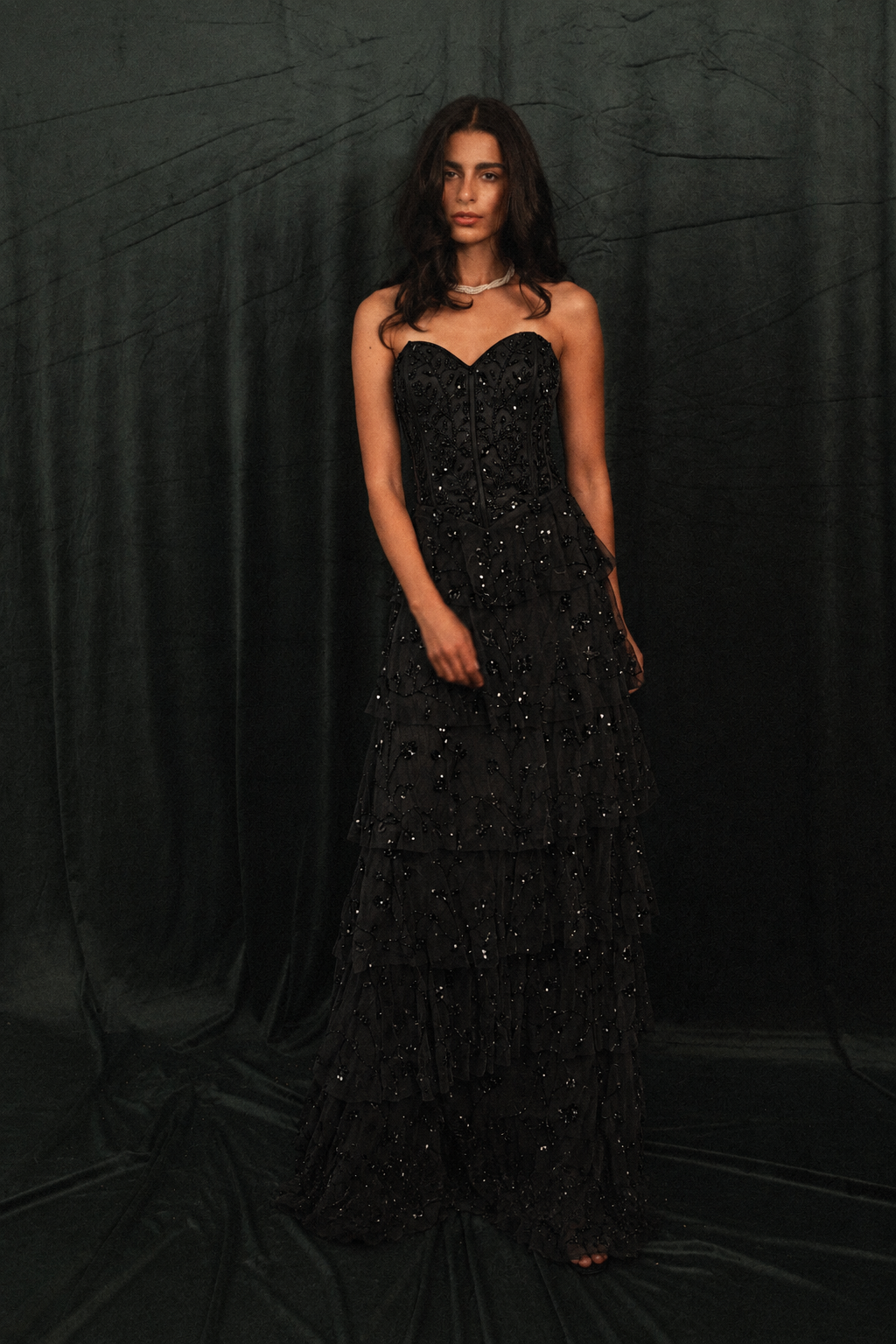 strapless ruffled long dress in black